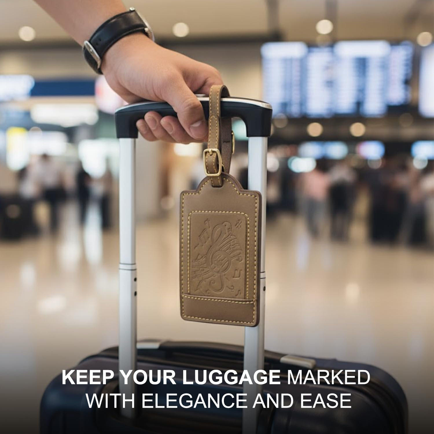 Sovereign-Gear - Two Brown Leather Luggage Tags - Music Embossed - Genuine Leather Luggage Tag for Suitcases, Stylish & Durable Travel Accessory image number 2