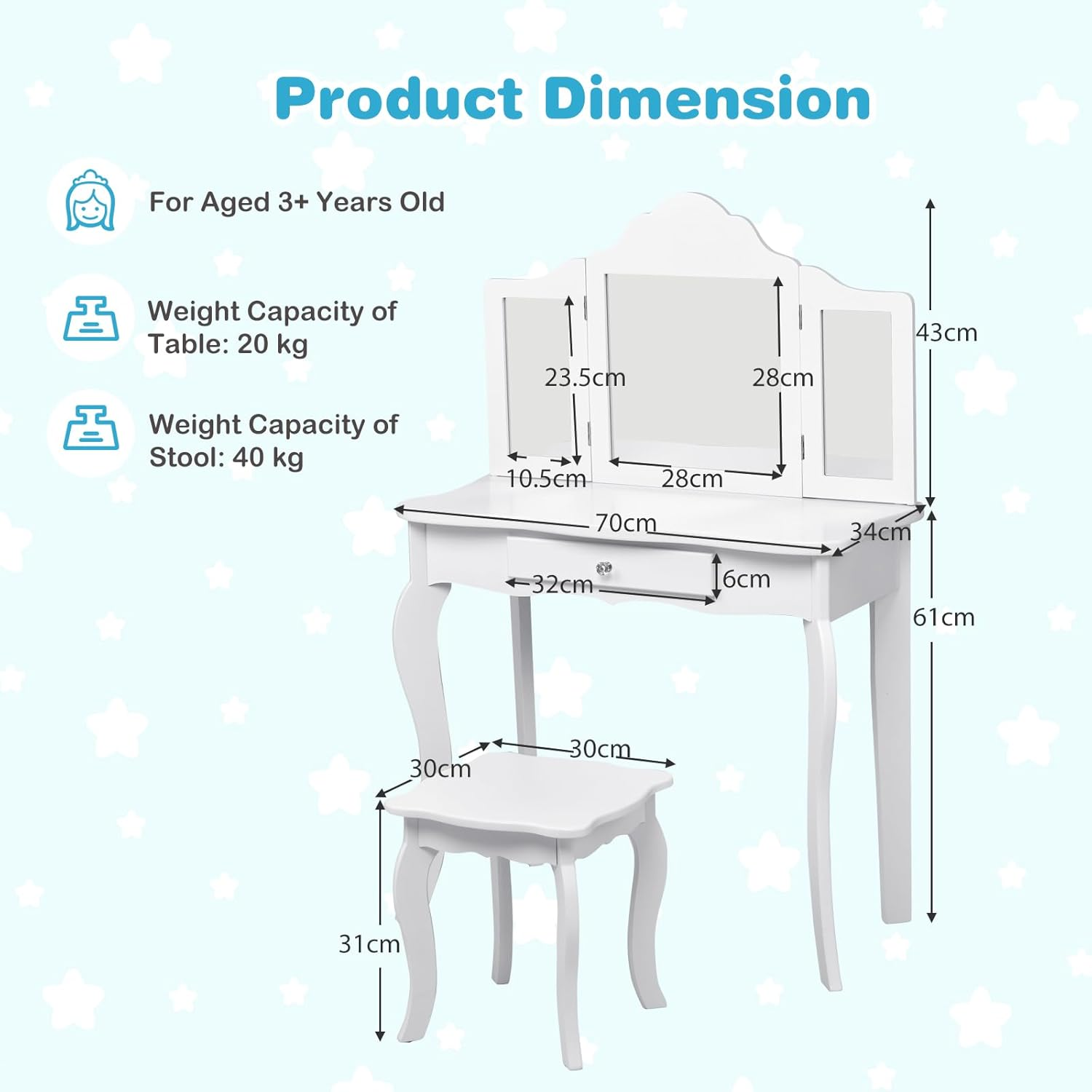 Costway Kids Vanity Table & Stool Set, Toddler Princess Dresser Table W/Tri-Folding Mirror & Large Drawer, 2-In-1 Detachable Mirror Top Design, Smooth Surface, Versatile Use, Easy Assembly image number 6
