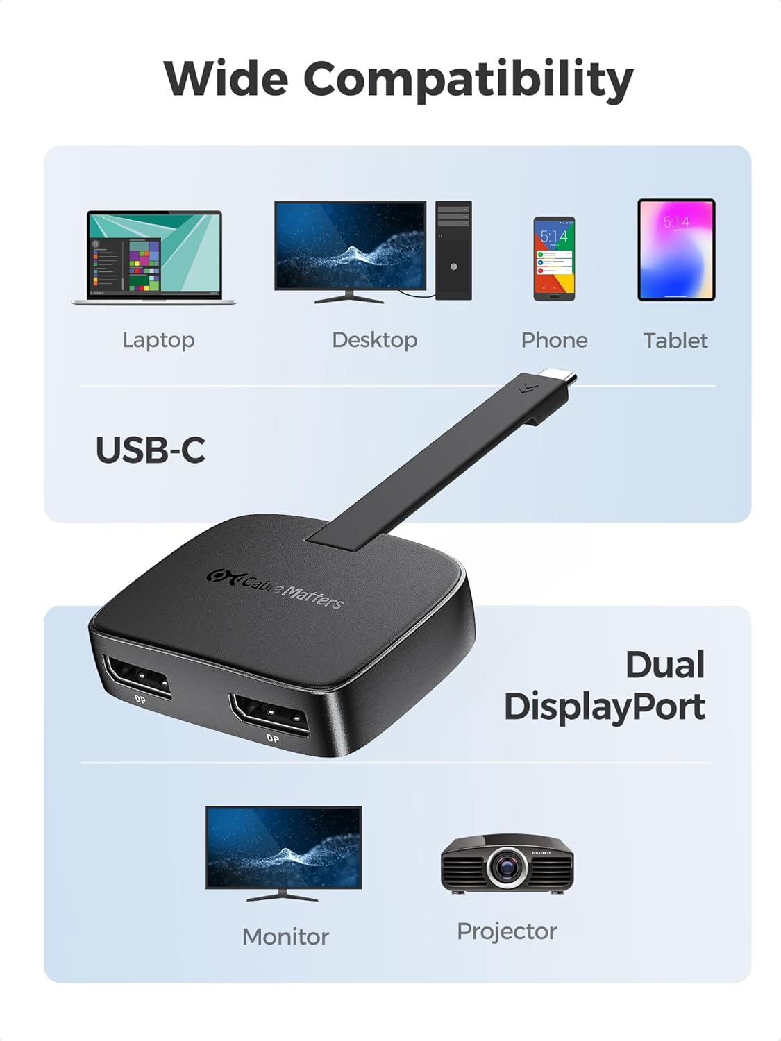 Cable Matters Portable 8K or Dual 4K 60Hz USB C to Dual Displayport Adapter, Foldable Thunderbolt to Dual Displayport Adapter - Thunderbolt 4 Compatible for XPS, (Macos Supports One Extended Display) image number 5