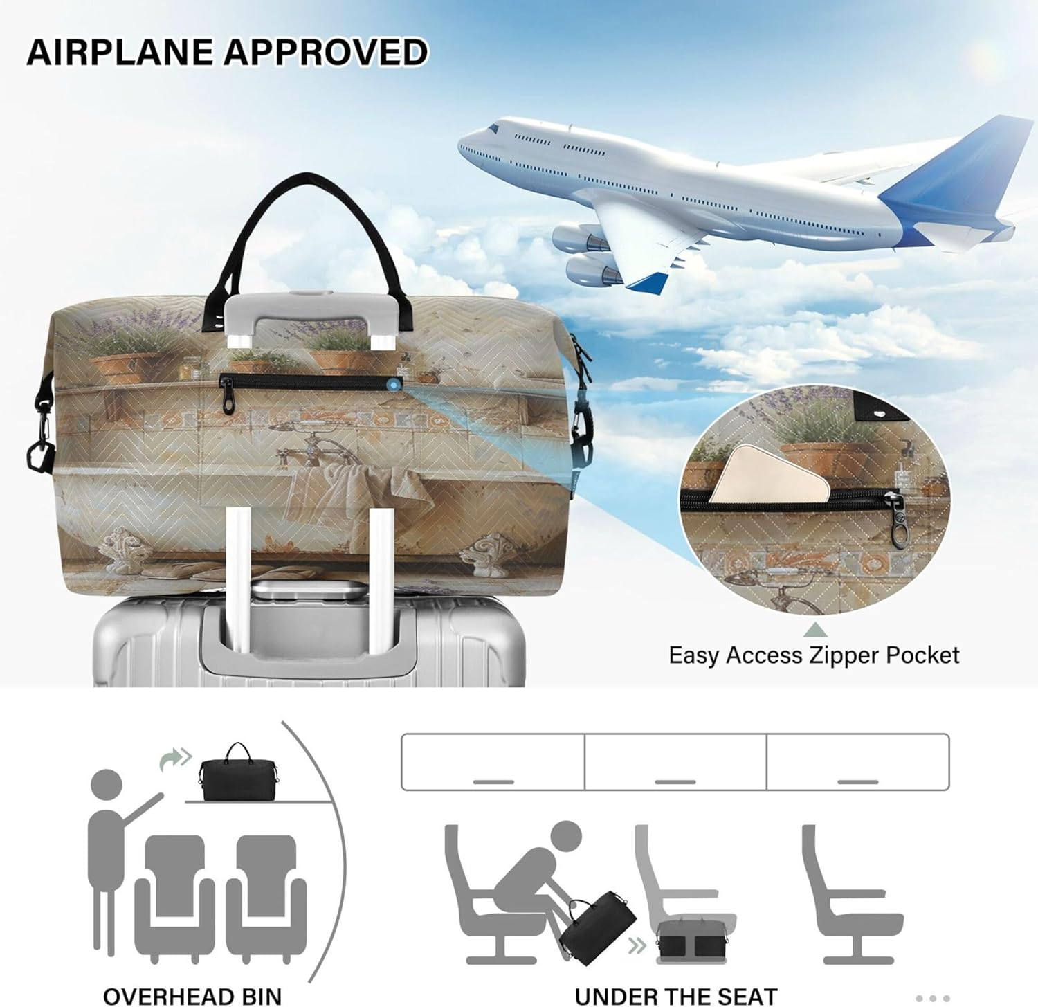 Travel Duffel Bag Travel Tote Gym Bag Overnight Bag with Toiletry Bag for Sports Foldable Elegant Bathtub with Vintage Tiles, Multi, 1 Size, Modern/Fitted, Multi, 1 Size, Modern/Fitted image number 6