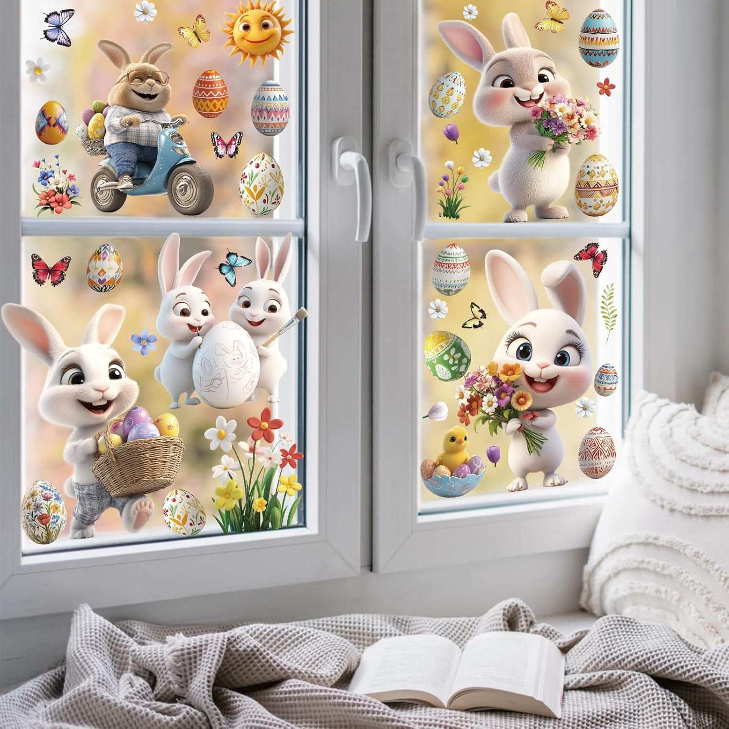 KIKISML Easter Window Clings Stickers 106Pcs, Various Cute Bunny Colorful Easter Eggs Flower Butterfly Window Stickers Decor, 9 Sheets Static Sticker for School Home Office Party Accessory Supplies image number 4