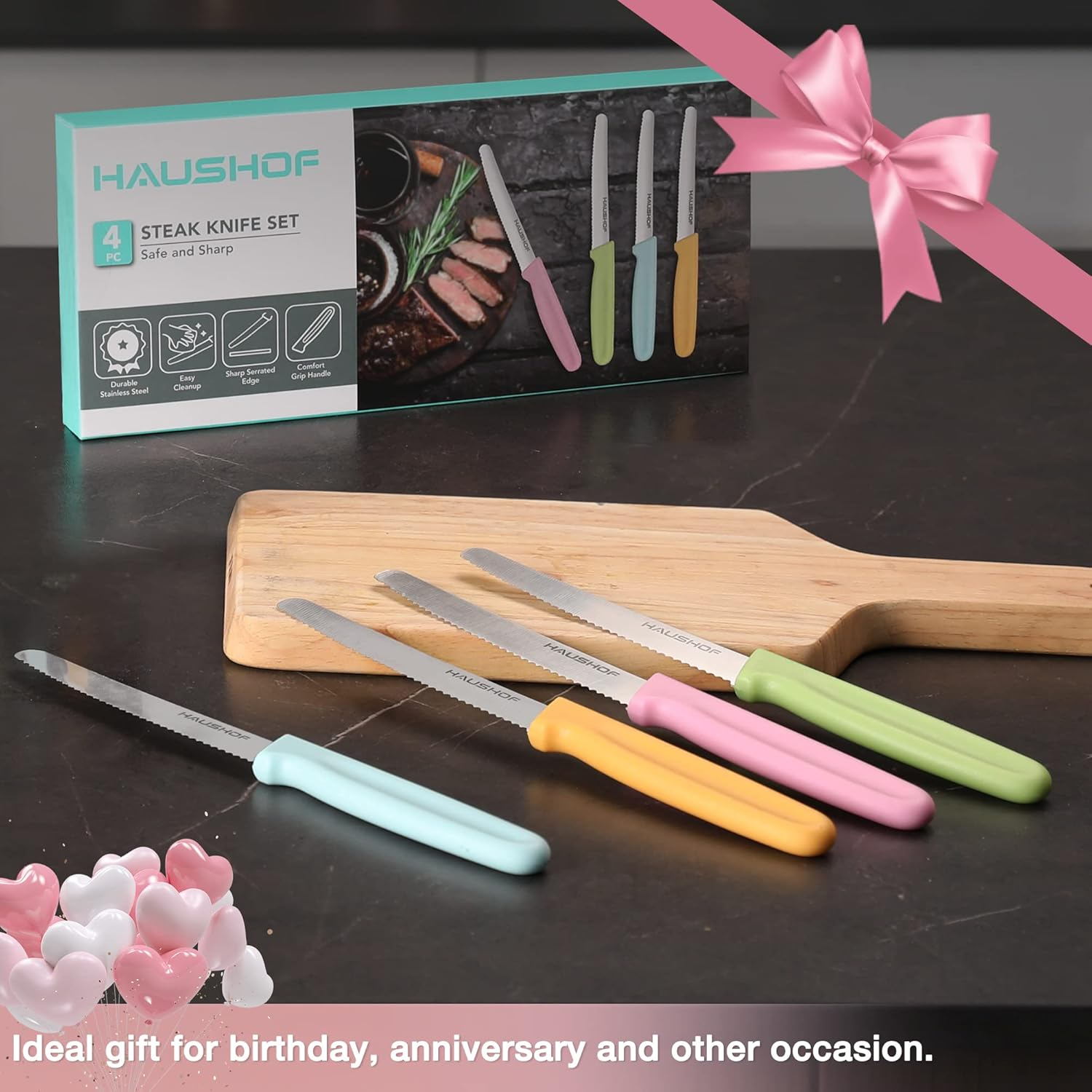 HAUSHOF Steak Knives Set of 4, Serrated Steak Knives, Premium Stainless Steel Steak Knife Set with Gift Box, Assorted Color image number 6