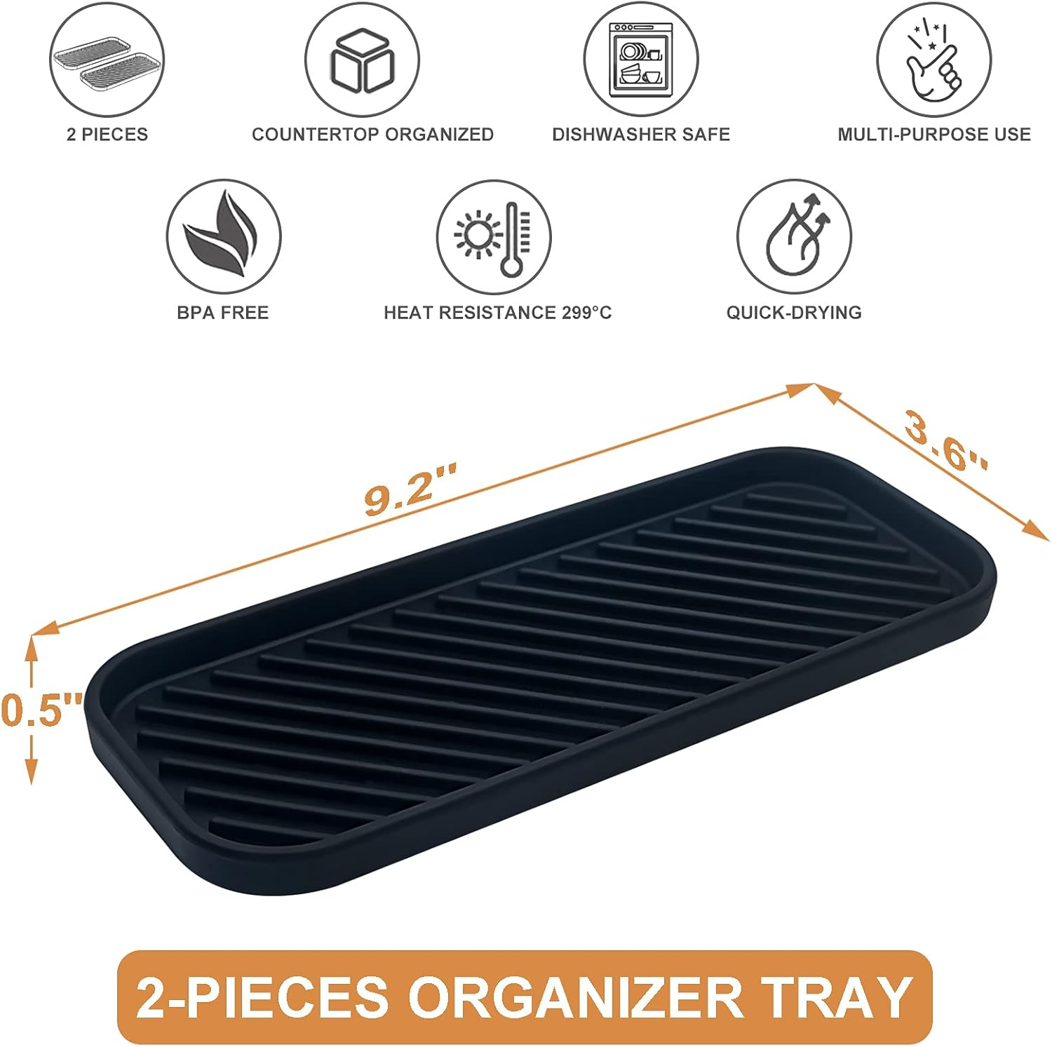 Hvovmve Silicone Organizer Tray, Soap and Sponge Holder for Kitchen Sink, Bathroom - Storage Tray for Dish Brush, Soap Dispenser, Dishwashing Accessories- 2 Pack Black - Black image number 2