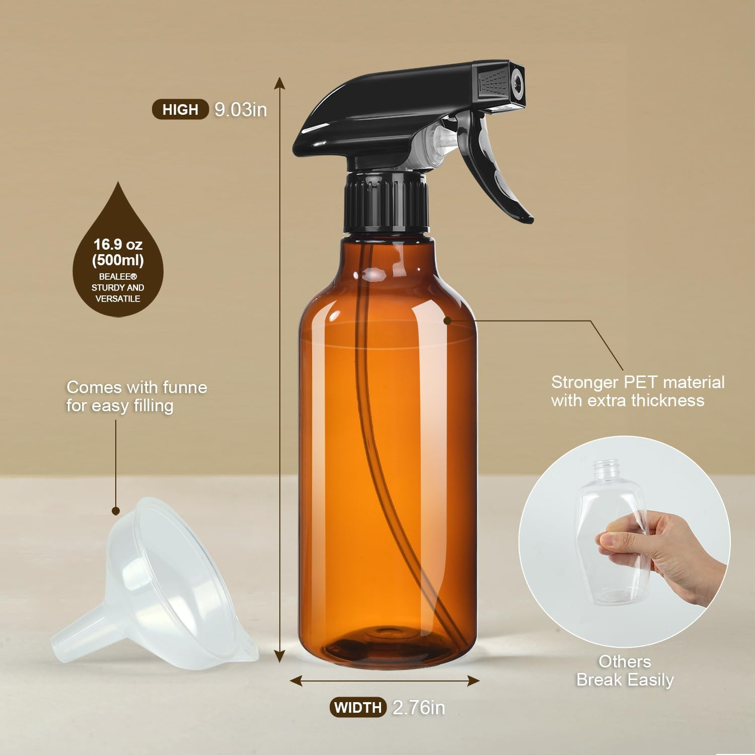 Plastic Spray Bottles, 2-Pack, 16.9 Oz, Mist & Stream, Heavy Duty Spraying, Empty Water Spray Bottle for Cleaning Solutions, Essential Oils, Hair, Plants, BBQ, Cat Dog Behavior Correction (Amber) image number 3