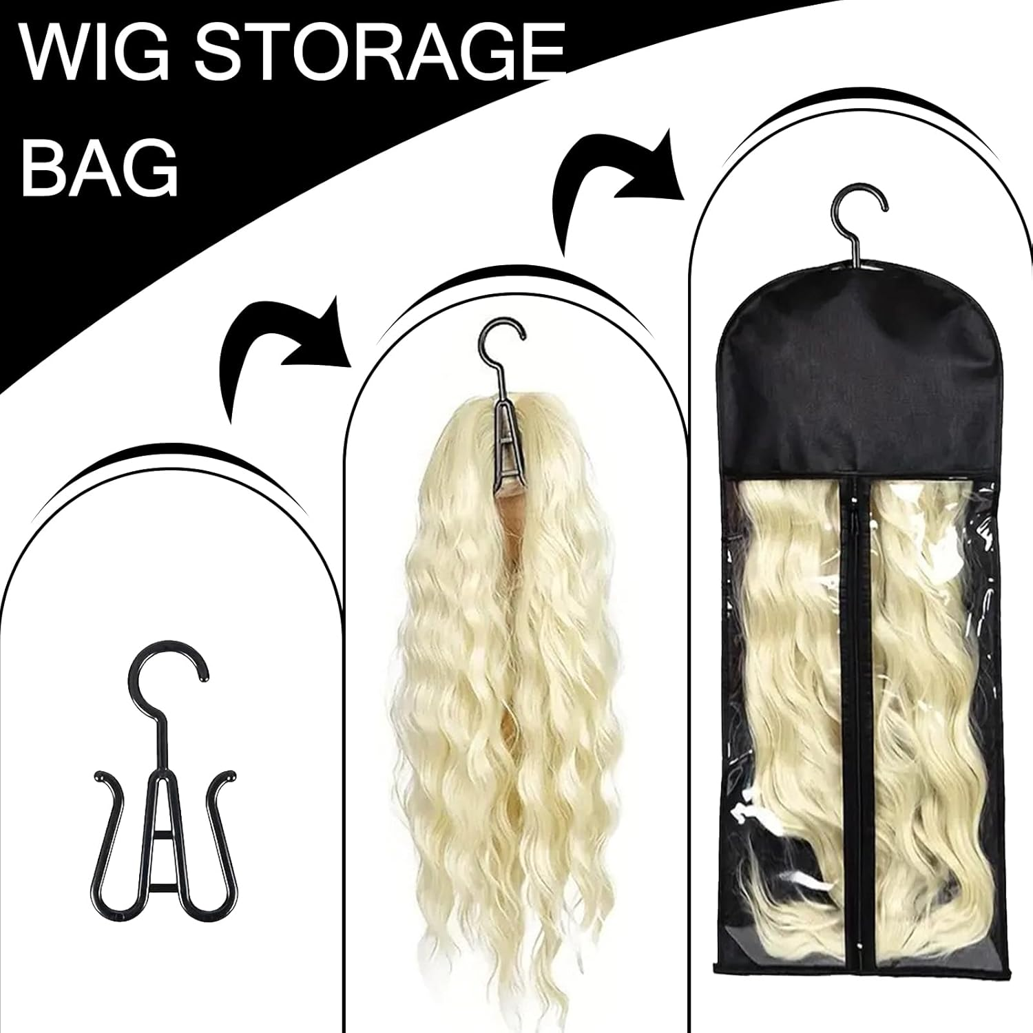 TYXHXTF 3Pcs Wig Storage Bag, Dustproof Wig Bag, Hair Extension Storage, Wig Storage Bag with Hanger (Black) image number 1