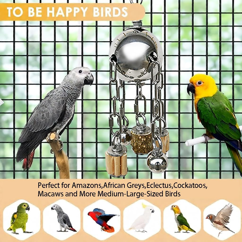 Large Bird Toys, Natural Wooden and 304 Stainless Steel Bell Toy for Parrots, Birds Cage Toy for Amazon Parrot, African Greys, Budgies, Lovebirds, Cockatiels,Cockatoo