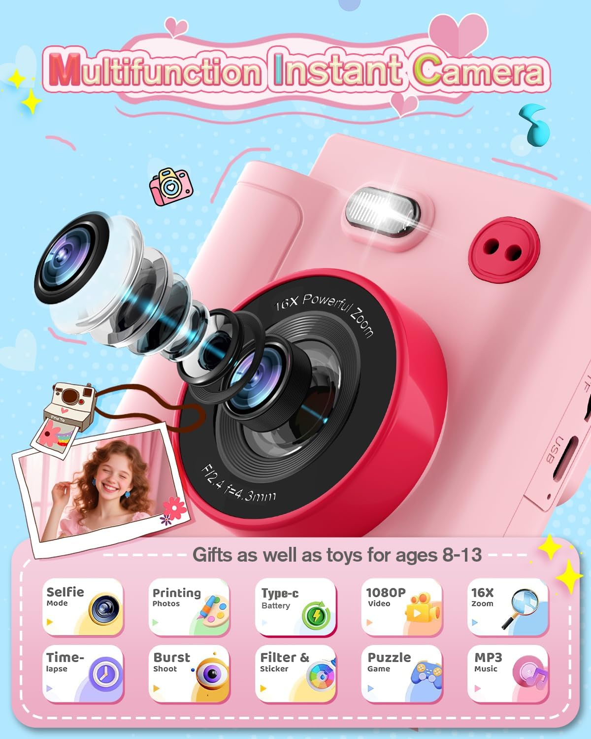 MYSTILUCK Kids Camera Instant Print, 1080P Instant Camera for Kids, Children Digital Cameras with 3 Rolls Photo Paper & 32GB Card, Christmas Birthday Gifts Toys for Boys & Girls Aged 3-12（Pink） image number 1