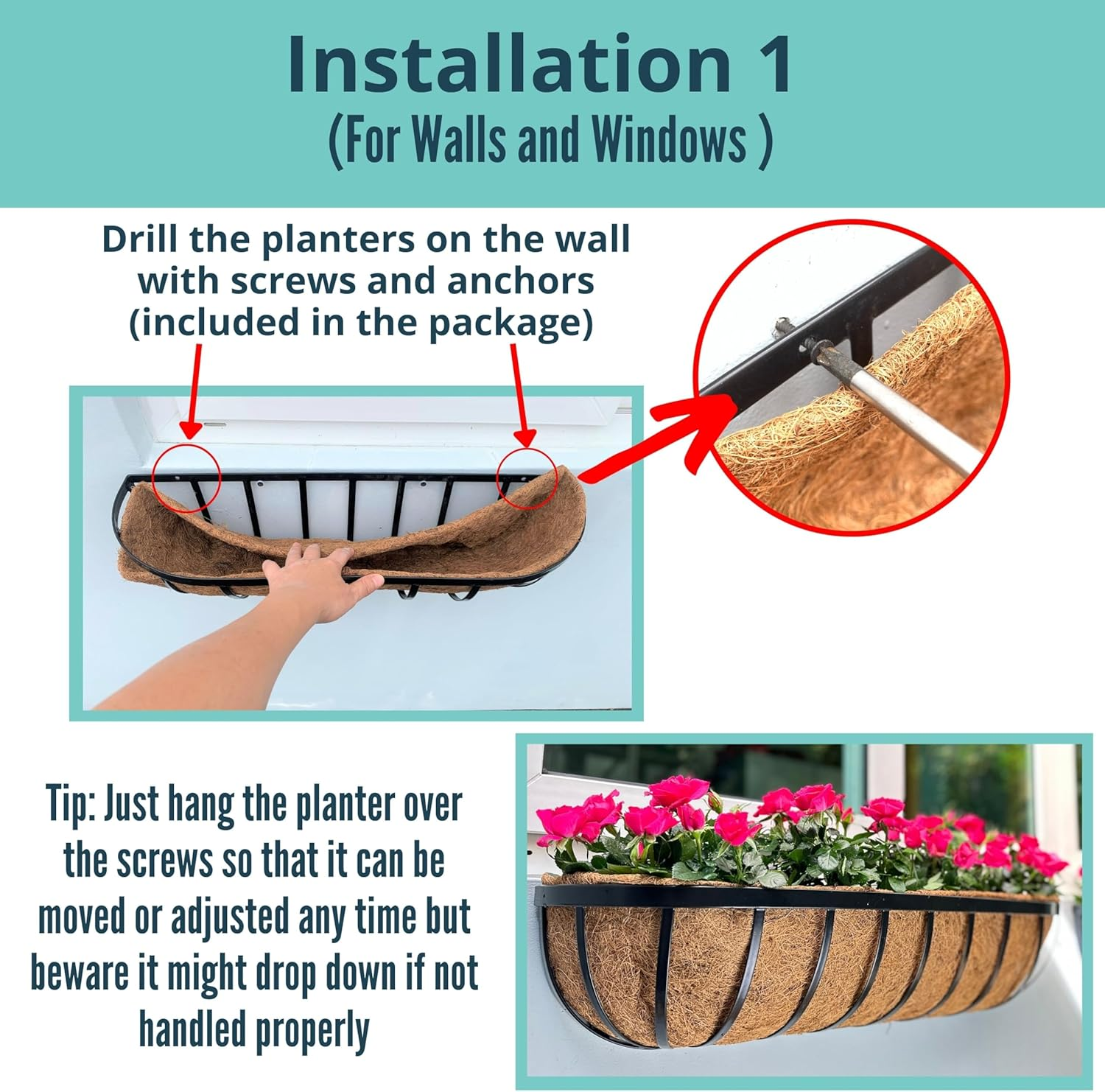 Lalagreen Deck Railing Planter Box - 2 Pack, 36 Inch Large Wall Planters for Outdoor Plants, Window Flower Boxes Attach House with Coco Liners Metal Horse Troughs Fence Balcony Patio Porch over Rail image number 4