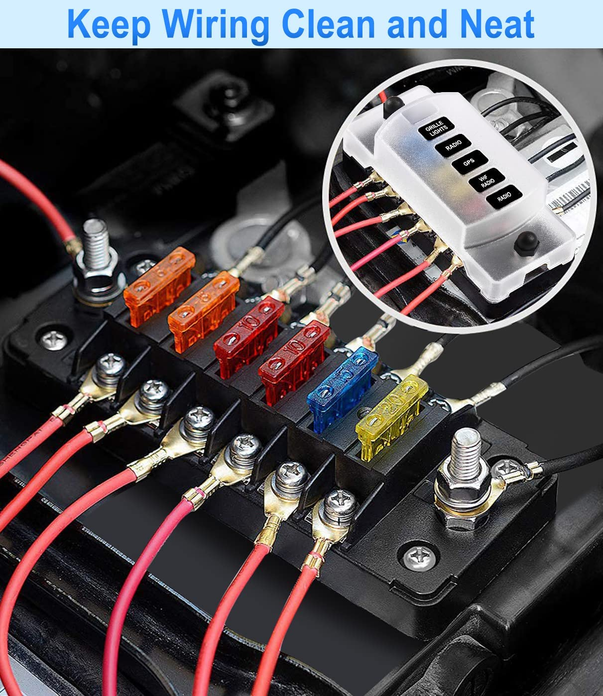 6 Way Fuse Box, 12V Blade Fuse Block with Negative Bus, Fuse Box Holder with LED Indicator ATO/ATC Fuse Panel Waterproof Cover for 12V Automotive Car, Truck, Marine Boat, RV, Trailer image number 2