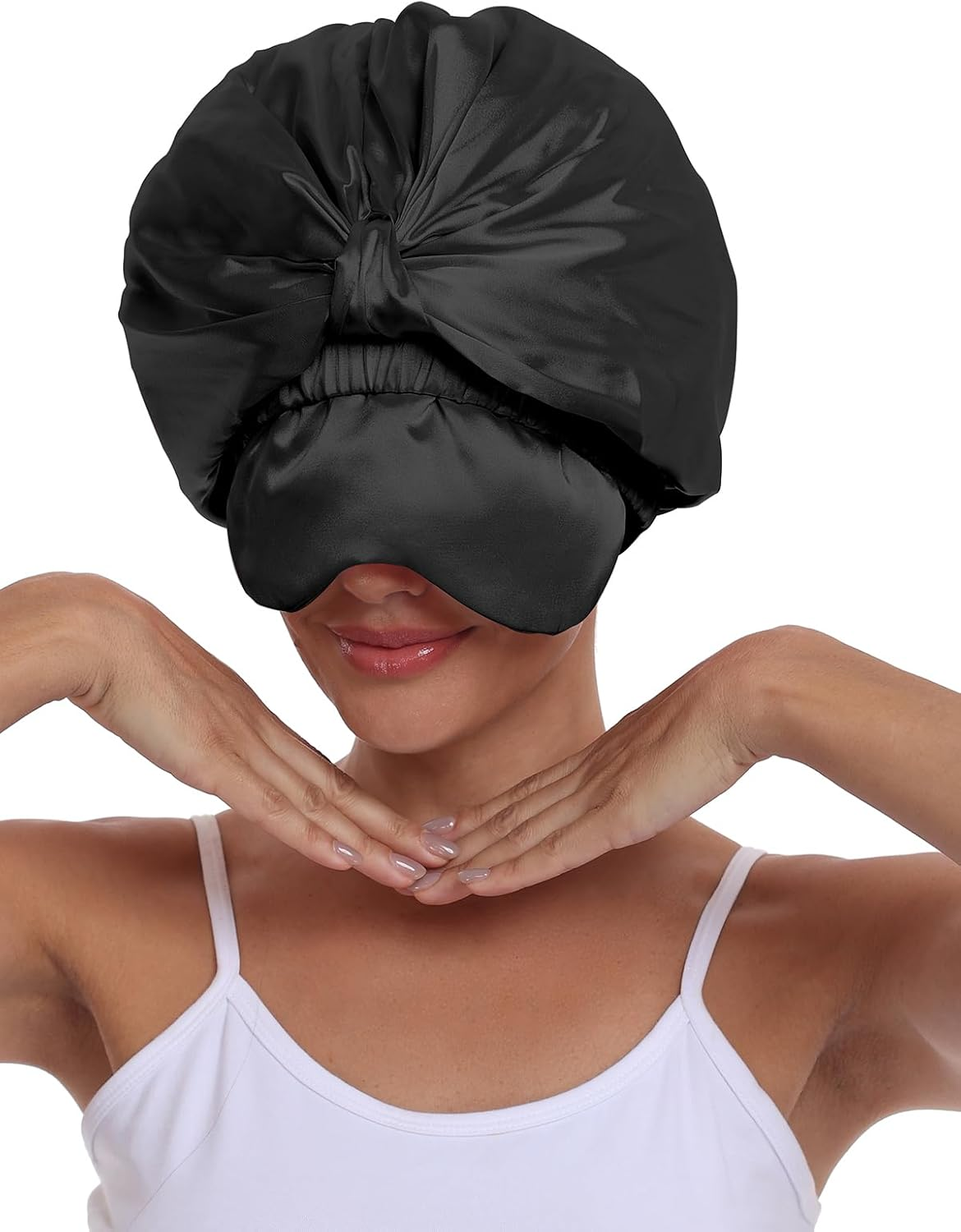 Vettres Double Layer Satin Bonnet with Eye Mask Adjustable Silk Sleep Cap Turban Style Hair Wrap for Curly Hair Black - Pink Strawberry image number 2