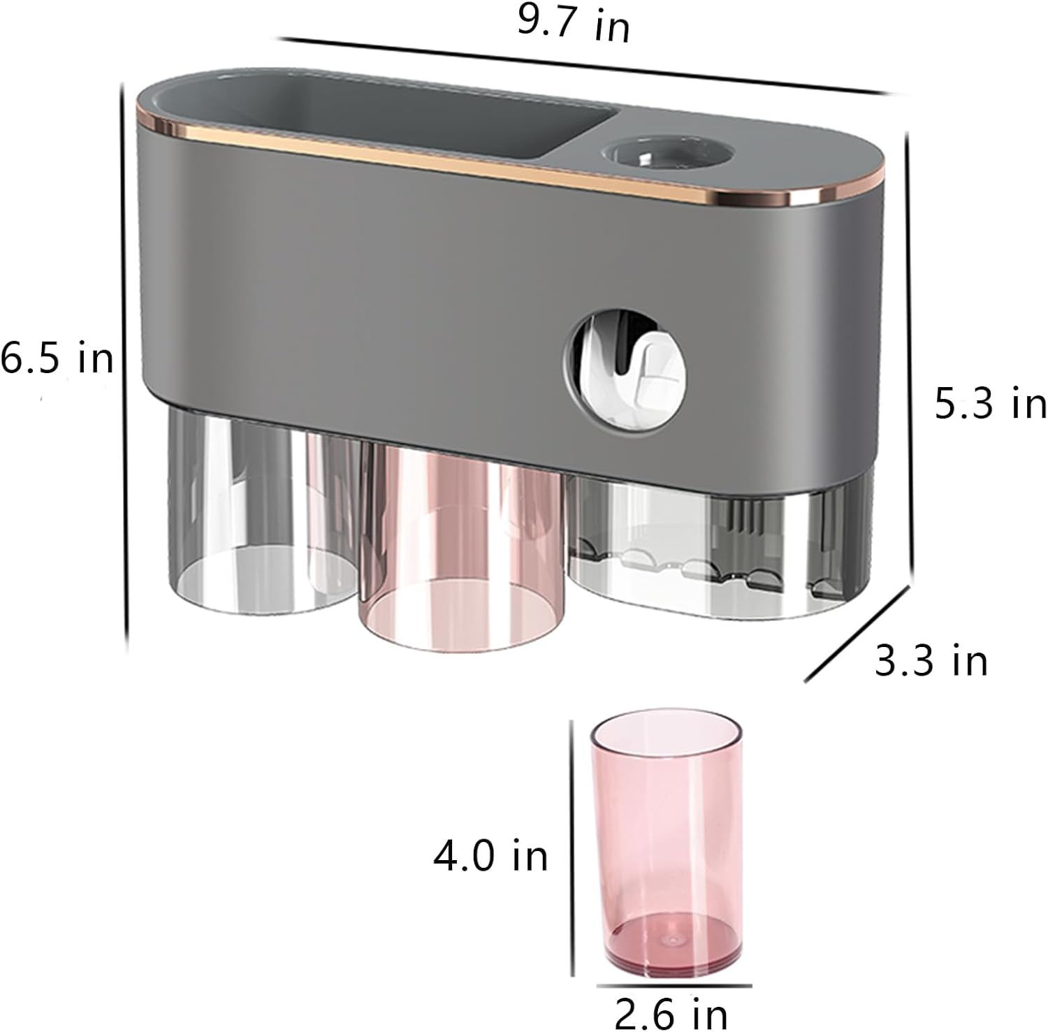 Hushmow Toothbrush Holder Wall Mounted, Toothbrush Holder for Bathroom with Automatic Toothpaste Dispensers,4 Toothbrush Slots,2 Cups and 1 Large Storage Tray - Brushed Gery image number 2