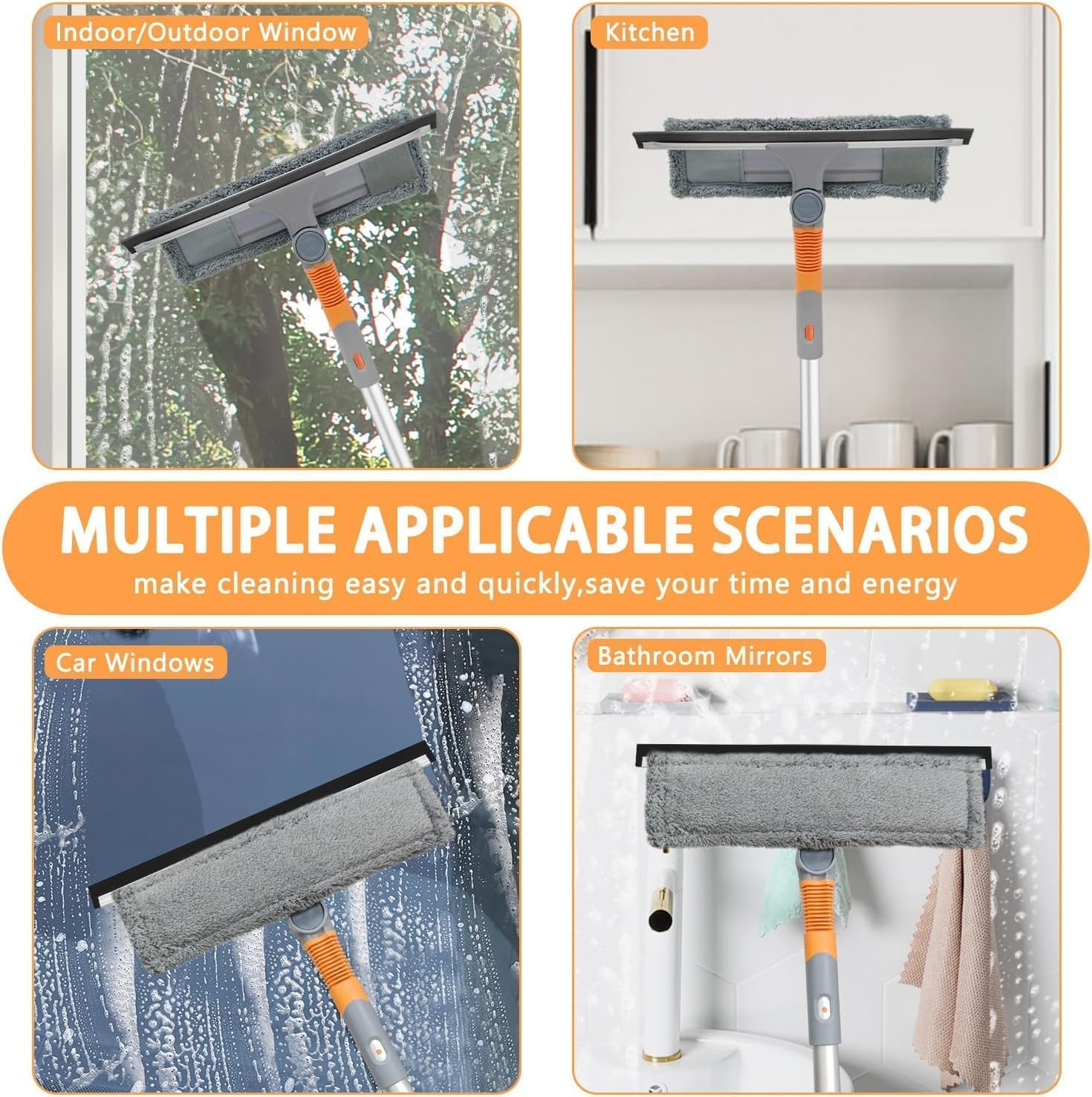 LIODUX Squeegee Window Cleaner 2 in 1 Rotatable Window Cleaning Tool Kit with Extension Pole, Window Washing Equipment with Bendable Head for Indoor/Outdoor Window and Car Glass