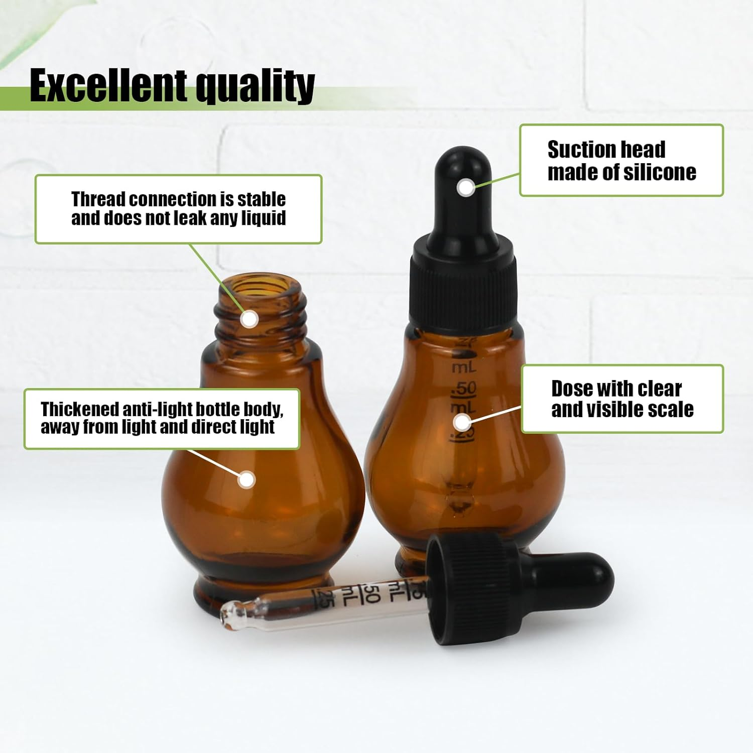 Reyshin 8 Pack Pear Shaped Amber Glass Bottles with Dropper Pipettes - Refillable Sample Bottles for Essential Oil, Massage Aromatherapy, Eye Drops (Amber 20Ml) - Amber image number 2