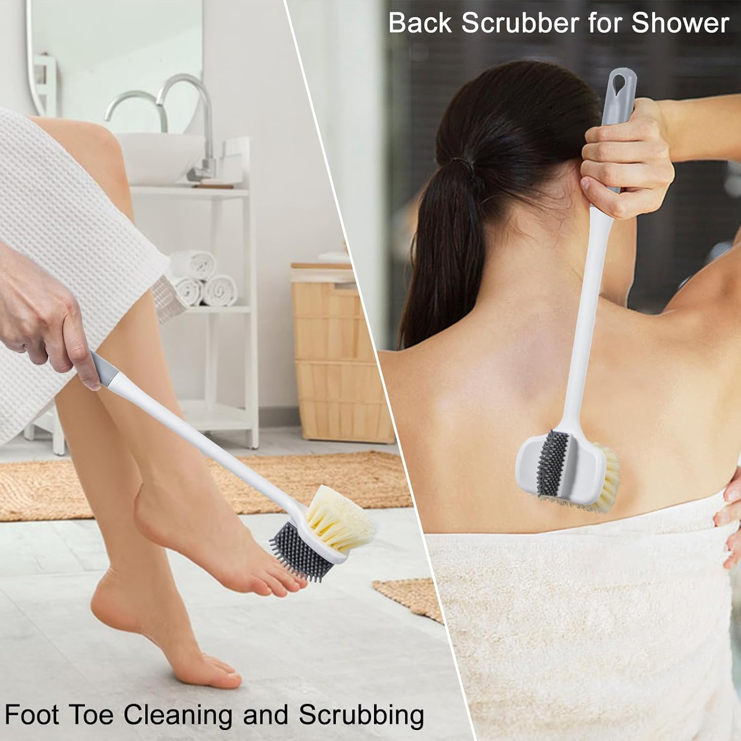 Beomeen 2 Pack Foot Scrubber Brush, Shower Foot Scrubber Long Handle for Toe Gap Cleaning, Double-Sided Silicone and Soft Bristle Scrub Brush for Skin Exfoliation, Seniors, Adults, Grey - Grey 2 image number 2