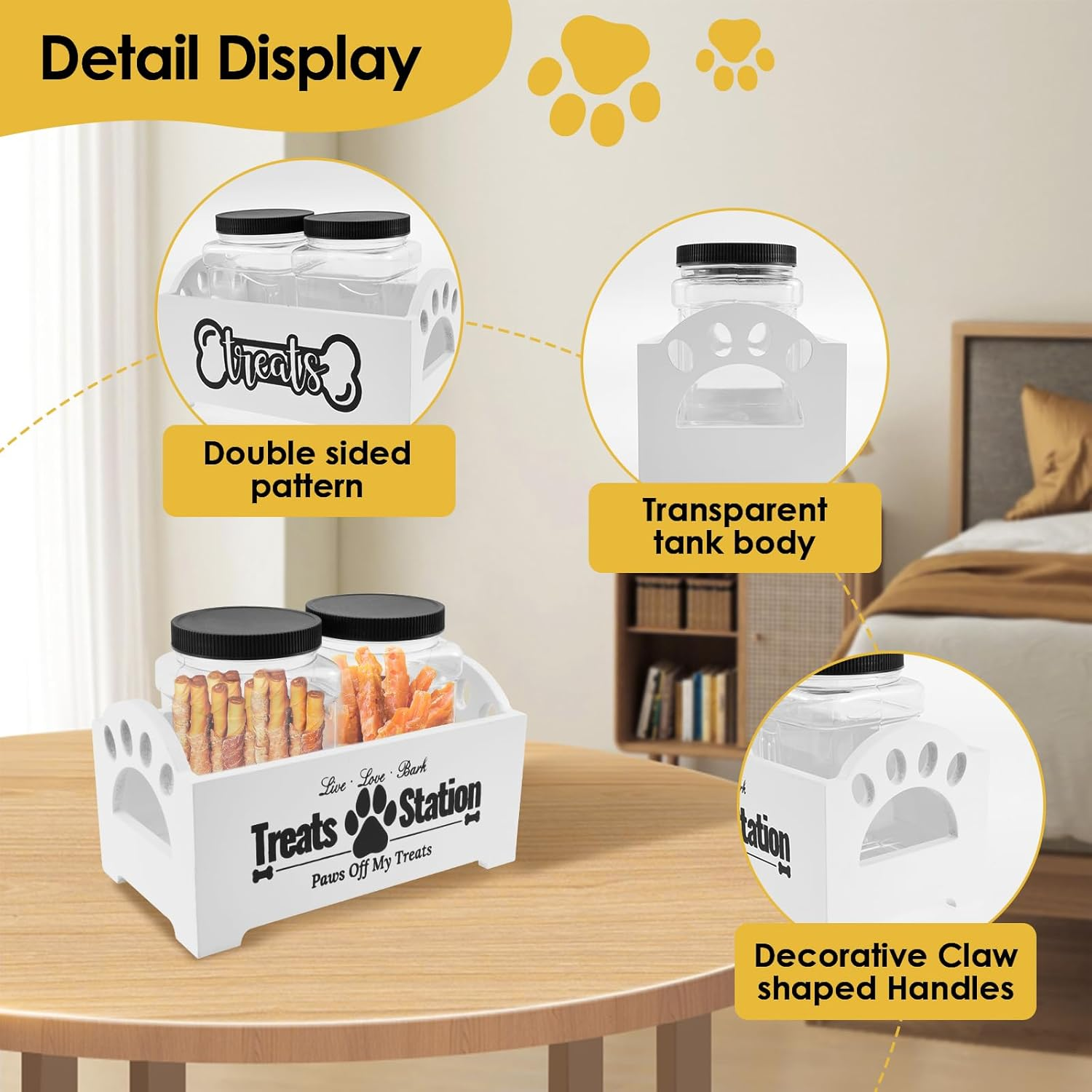 Dog Treat Container,Dog Food Storage Wood with 2 Plastic Jars,Dog Cookie Jar for Dog Food Storage for Pet Owners and Lovers (White) - Black image number 3