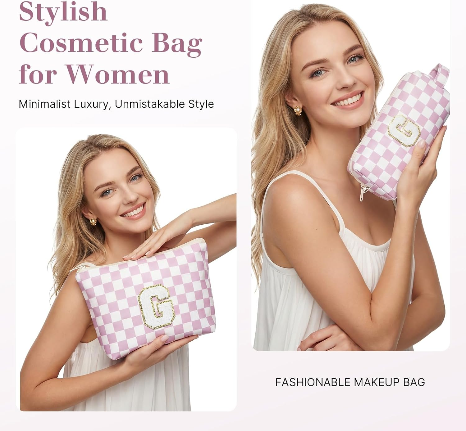 LIAN Initial Makeup Bag Set Checkered Makeup Bag Personalized Cosmetic Bags Makeup Travel Bag 10 11 12 13 14 16 18 Years Old Birthday Gifts for Women Teen Girl Gifts Trendy Stuff(Pink-C) image number 3