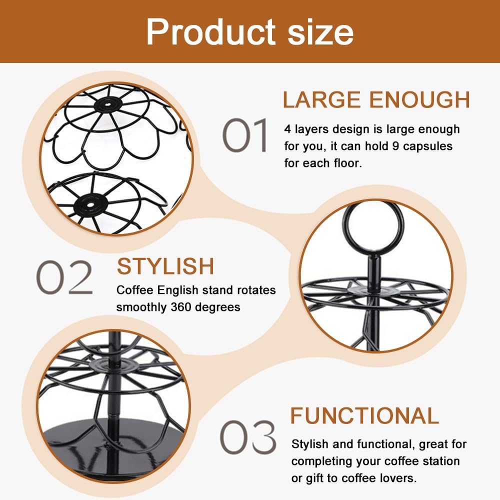 MOTRAIN Coffee Pod Holder Stand, Black Steel Rotating Cup Carousel for Home or Office, 4 Tiers, 36 Pods Storage Organizer, Spins 360-Degrees image number 1