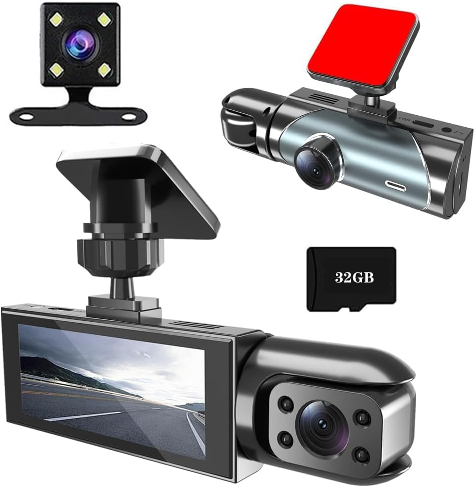 WAVANCKY 3 Channel Dash Cam Front and Rear inside for Cars, Full UHD Car Camera Front Rear with 32GB Card, Car Camera with IR Night Vision, 170&deg;Wide Angle, G-Sensor, 24H Recording, Loop Recording image number 5
