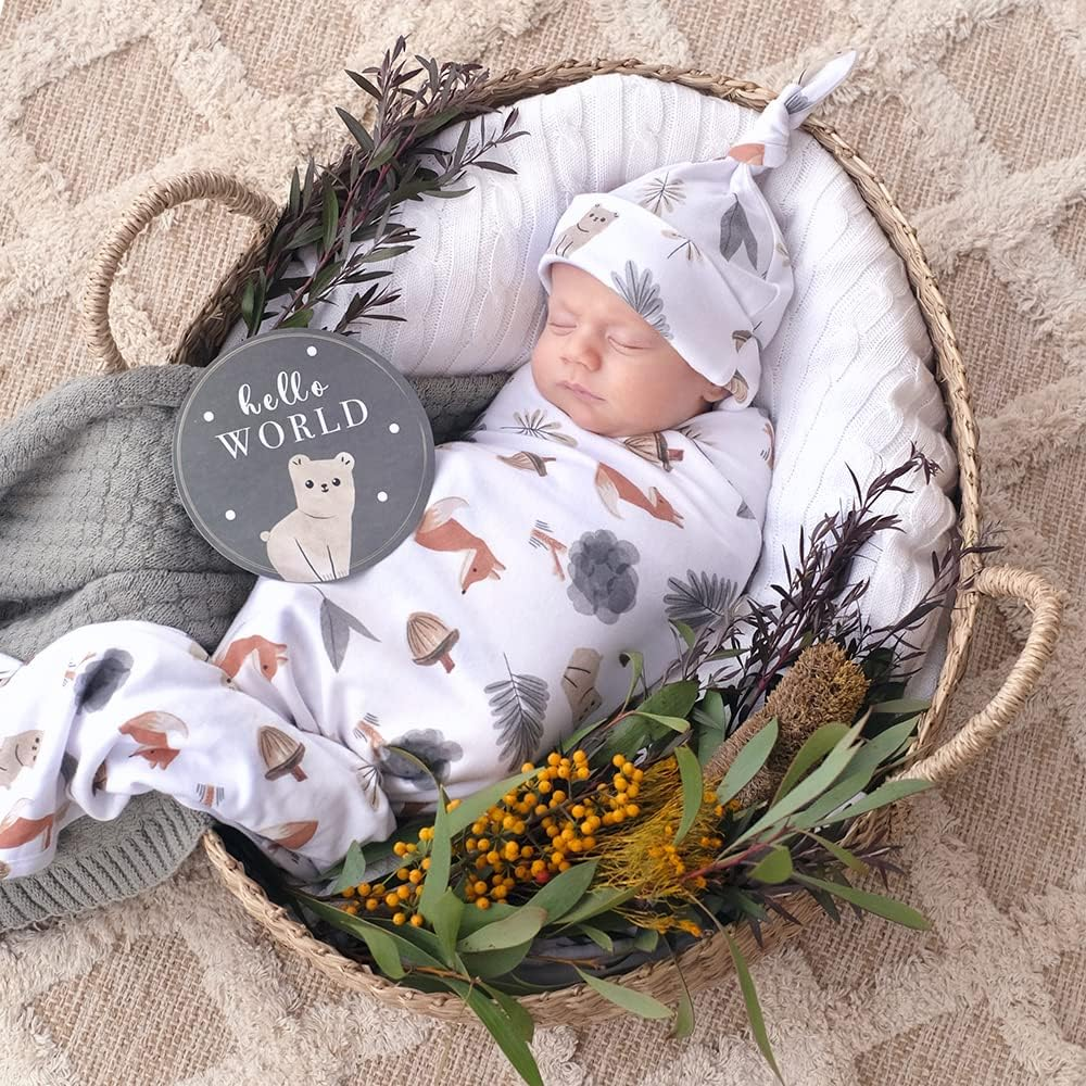Living Textiles Hello World Newborn Gift Set &ndash; Forest Retreat |Premium Fabric for Baby'S Best Comfort, 3-Piece Set: Swaddle, Beanie & Birth Announcement Card | 100% Cotton Jersey & Machine Washable image number 2