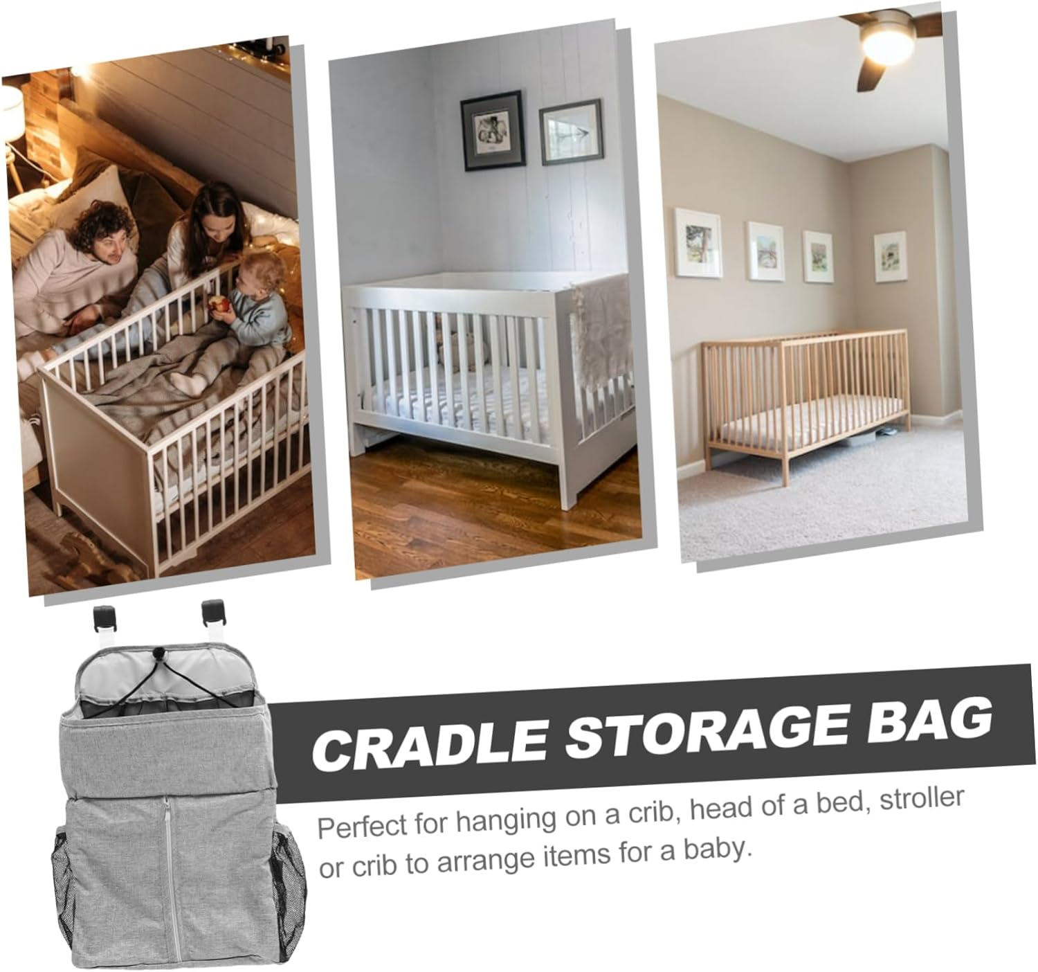 SECFOU 1Pc Crib Organizer Diaper Storage Bag Hanging Pouch for Stroller and Bed Material Convenient Essentials Holder Grey image number 2