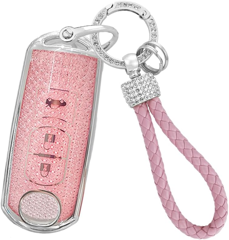 Ontto TPU Car Key Fob Cover Fit for Mazda 2 3 6 CX3 CX4 CX5 CX6 CX7 CX8 CX9 CX-30 CX-50 CX-70 CX-90 MX-30 MX-5 Atenza Axela Key Case Holder Keychain Shell Keyring Bag Bling Accessories Pink A