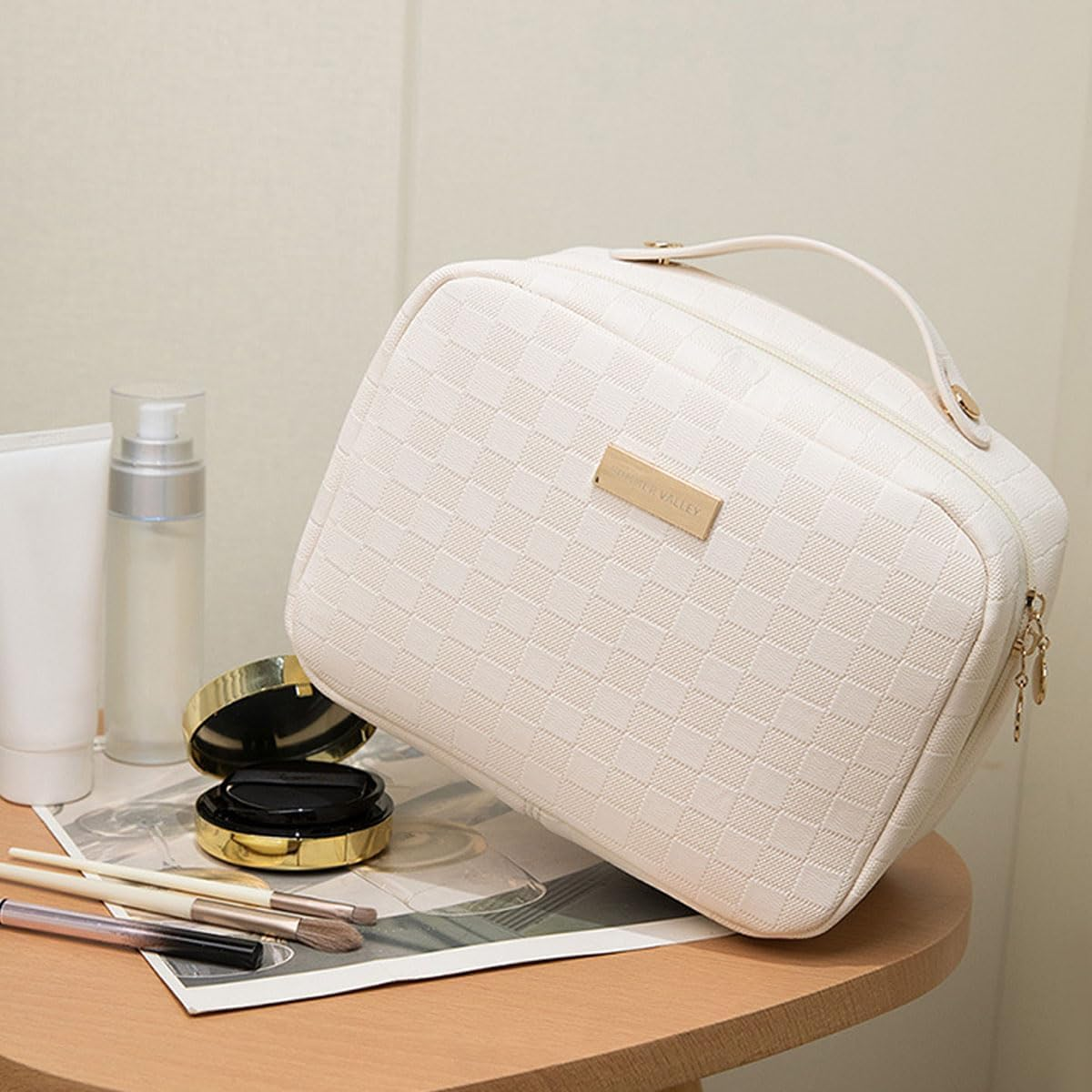 Women'S Pure Color Square Box Large Capacity Cosmetic Bag, Fashionable Portable Multi-Compartment Makeup (Pink) - Coffee image number 7