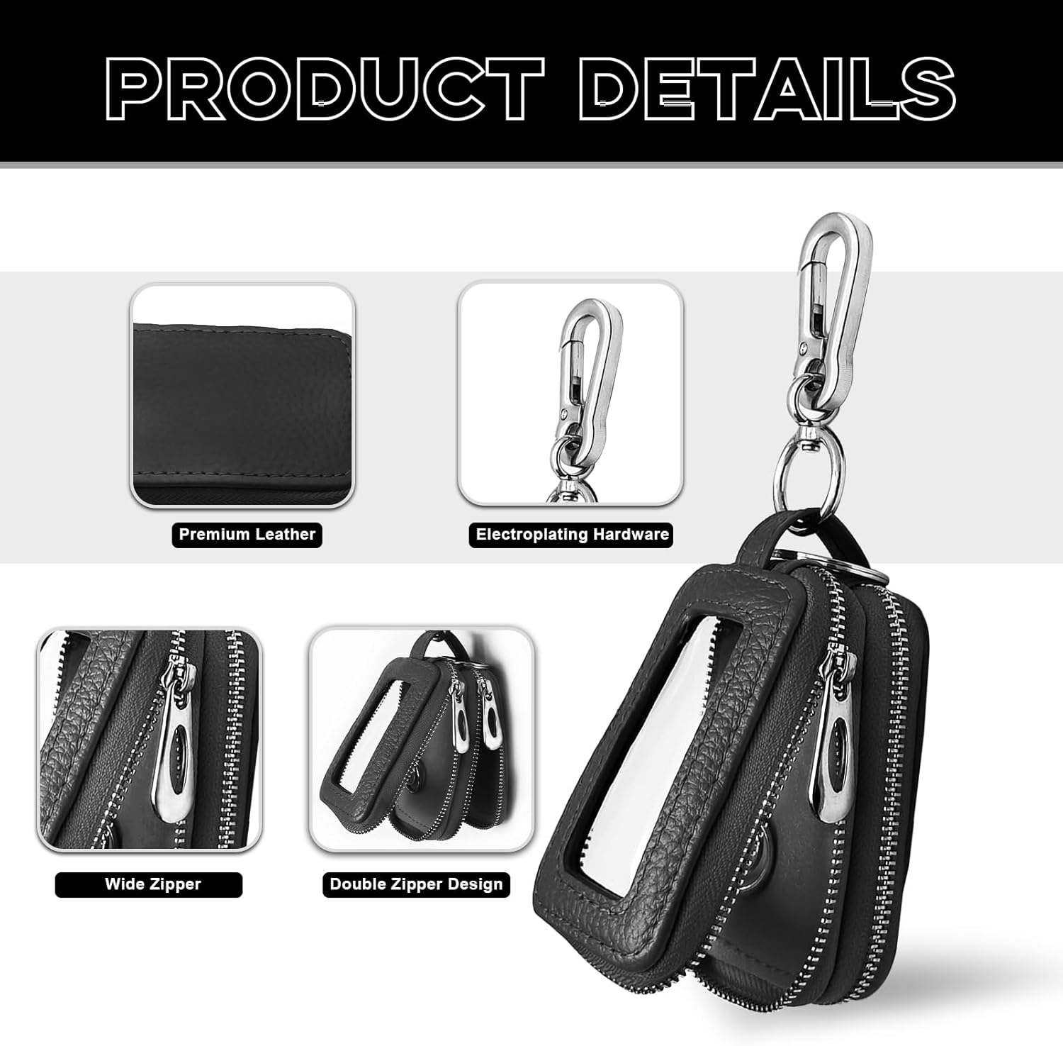 NTNEV Car Key Fob Case, Double Zipper Genuine Leather Protection Key, Universal Premium Car Key Fob Case, Metal Hook and Keyring with Transparent Window for Men Women (Black) image number 4