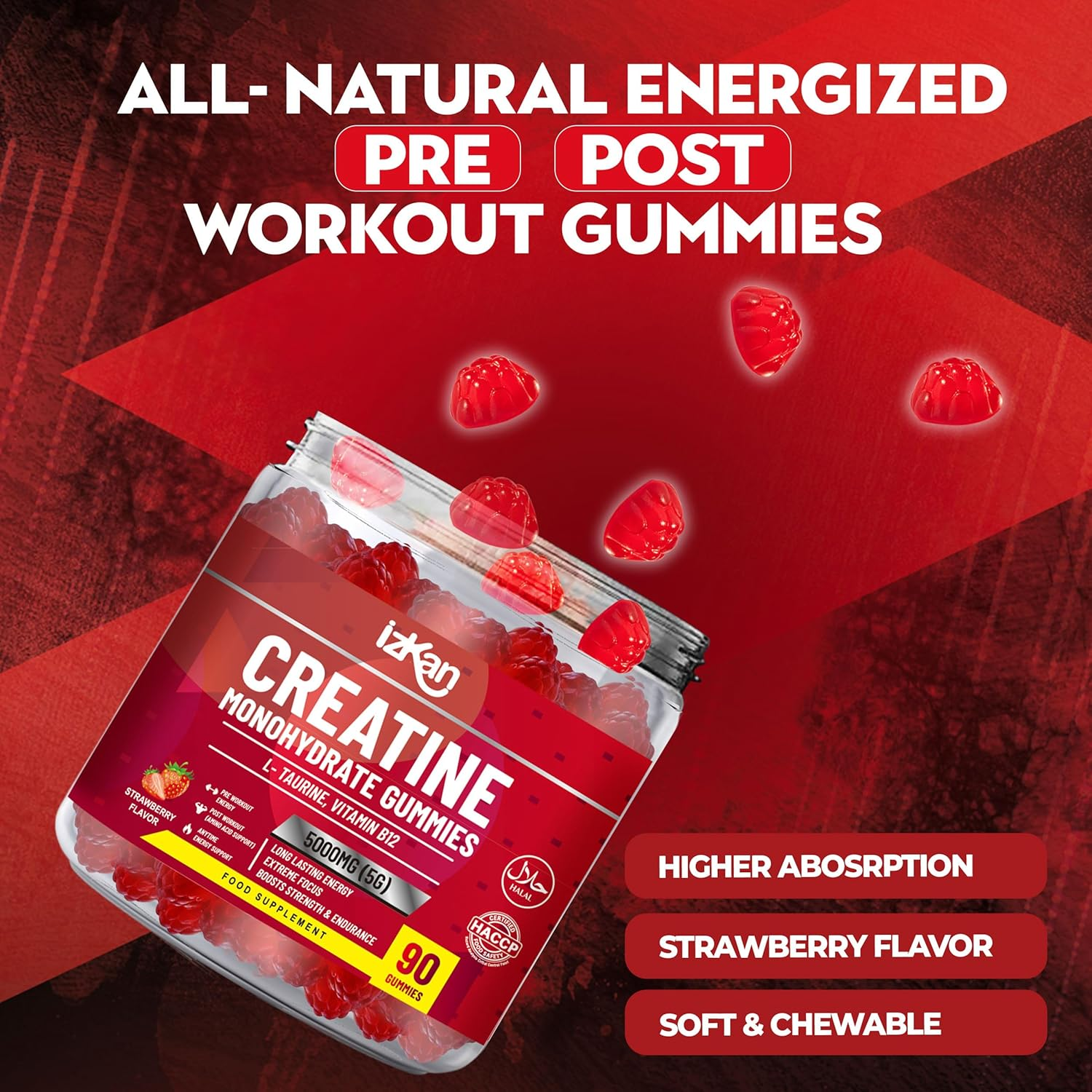 Pro Creatine Monohydrate Gummies 5G for Men & Women - 90 Chewable Creatine Gummies Strawberry Flavoured Gym Pre Workout Gym Supplement Vegan (1) image number 4