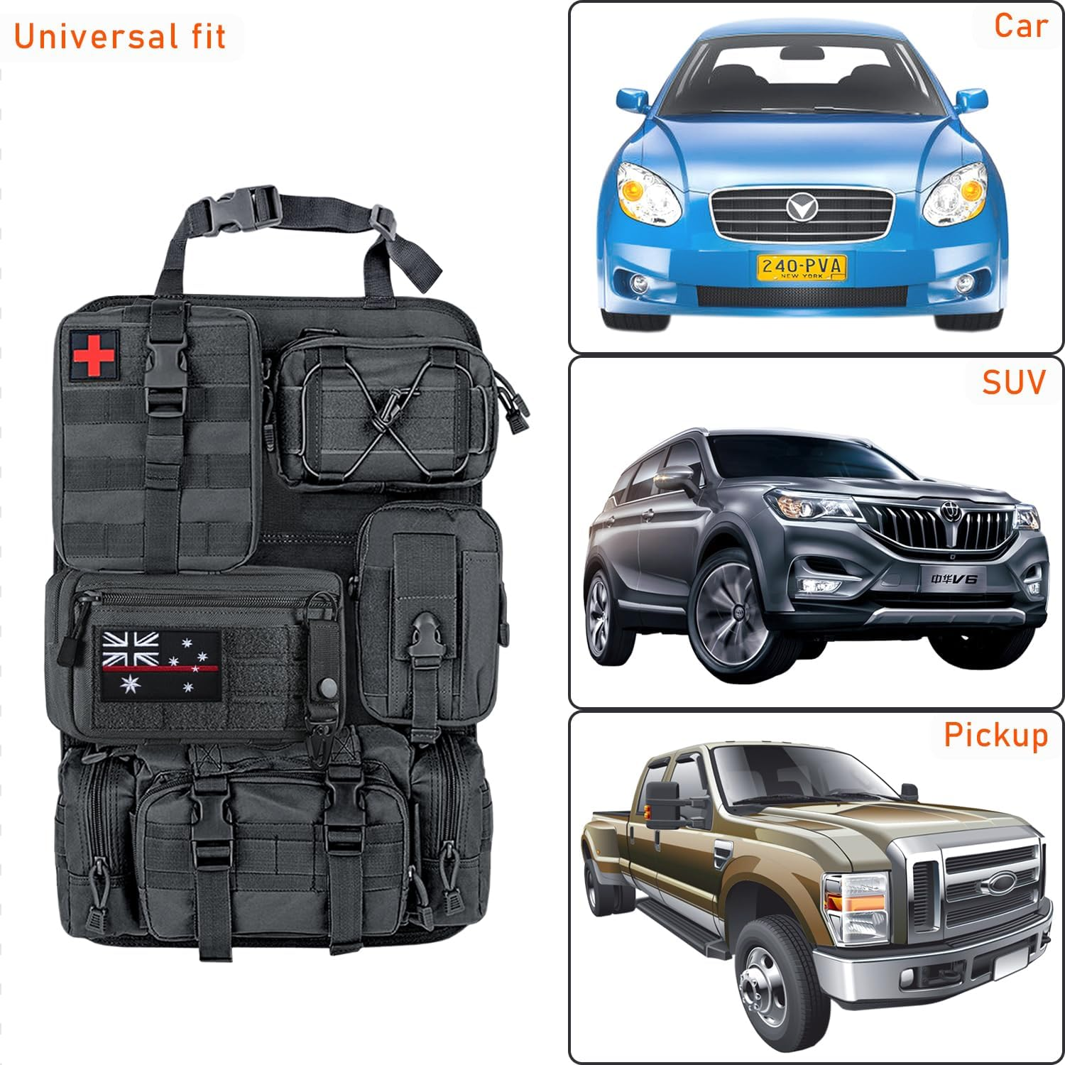 Molle Panel Tactical Car Seat Organiser, Tactical Car Seat Back Organizer with 5 Detachable Molle Pouches, Auto Accessory Vehicle Storage Universal Fit (Style II) - Style Iii image number 6