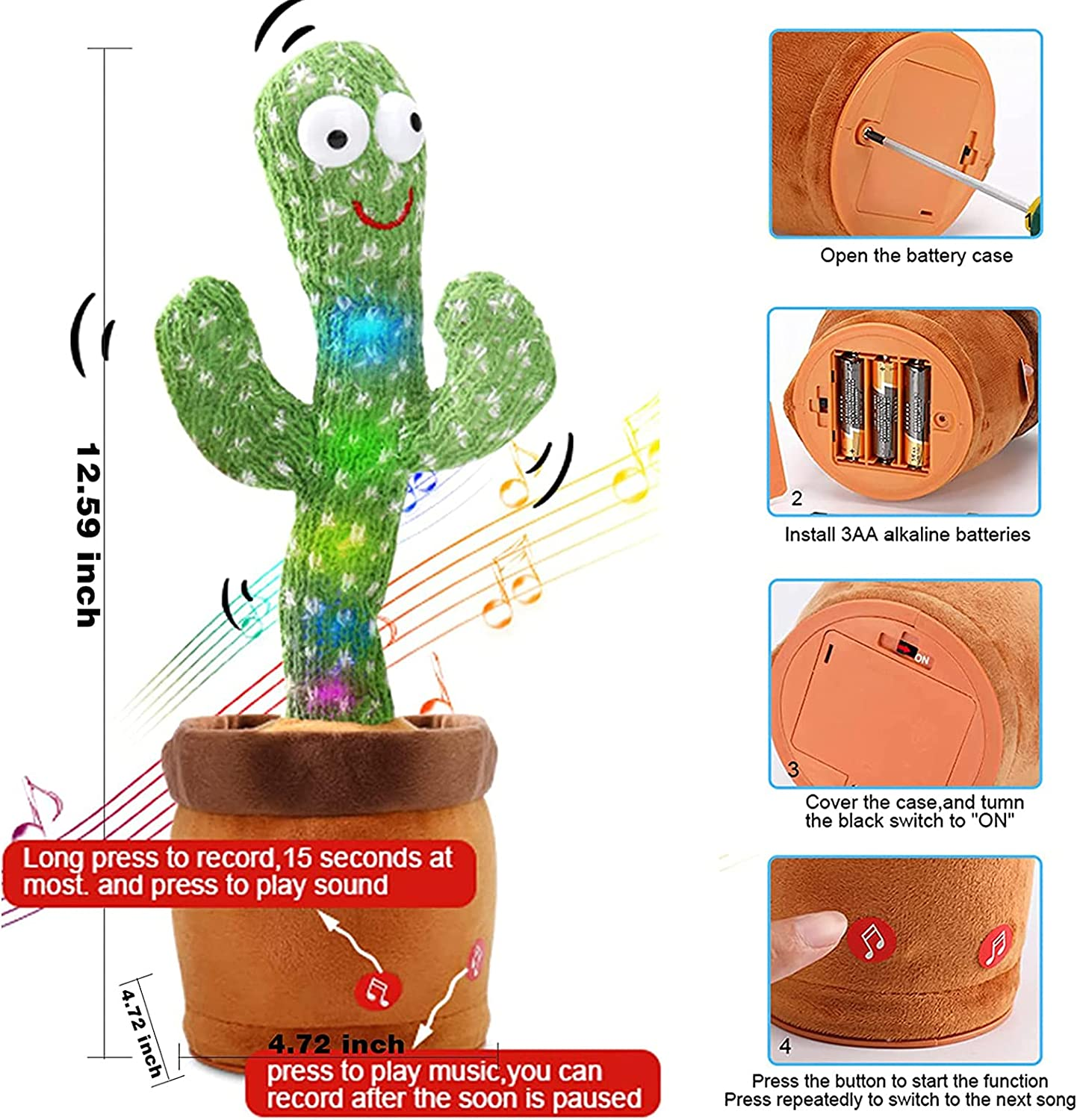 Dancing Cactus Electronic Talking Plush Toy with Lighting, Singing Cactus Recording and Repeats What You Say, Cactus Plush Toy for Children Family Decoration Fun Toys -120 Songs image number 4
