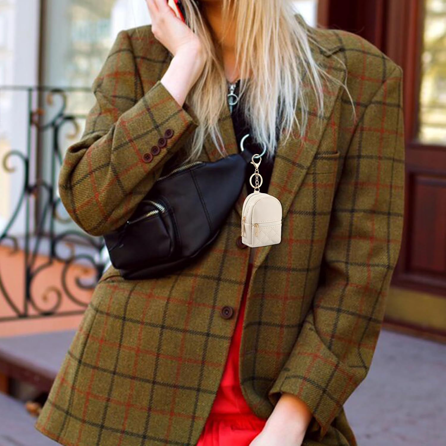 Mini Backpack Beige with Key Fob, Lipstick Case, Cosmetic Bag, Small Bag Shape and 2 Layers Zip Pocket, Pendant Can Be Used by Keys, Change or as a Pendant image number 2