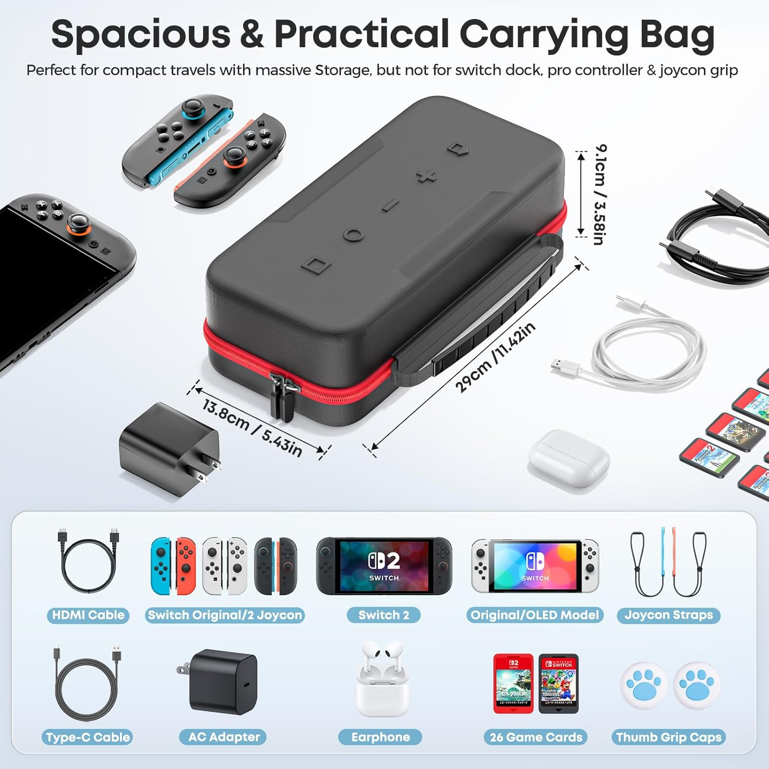 【Compatible with Switch 1 & Switch 2】 OIVO Switch Case for Ns2/Oled/Original Models, Portable Travel Switch 2 Carrying Case Fit for Joycon and AC Adapter, Hard Protective Bag with 26 Game Cards image number 3