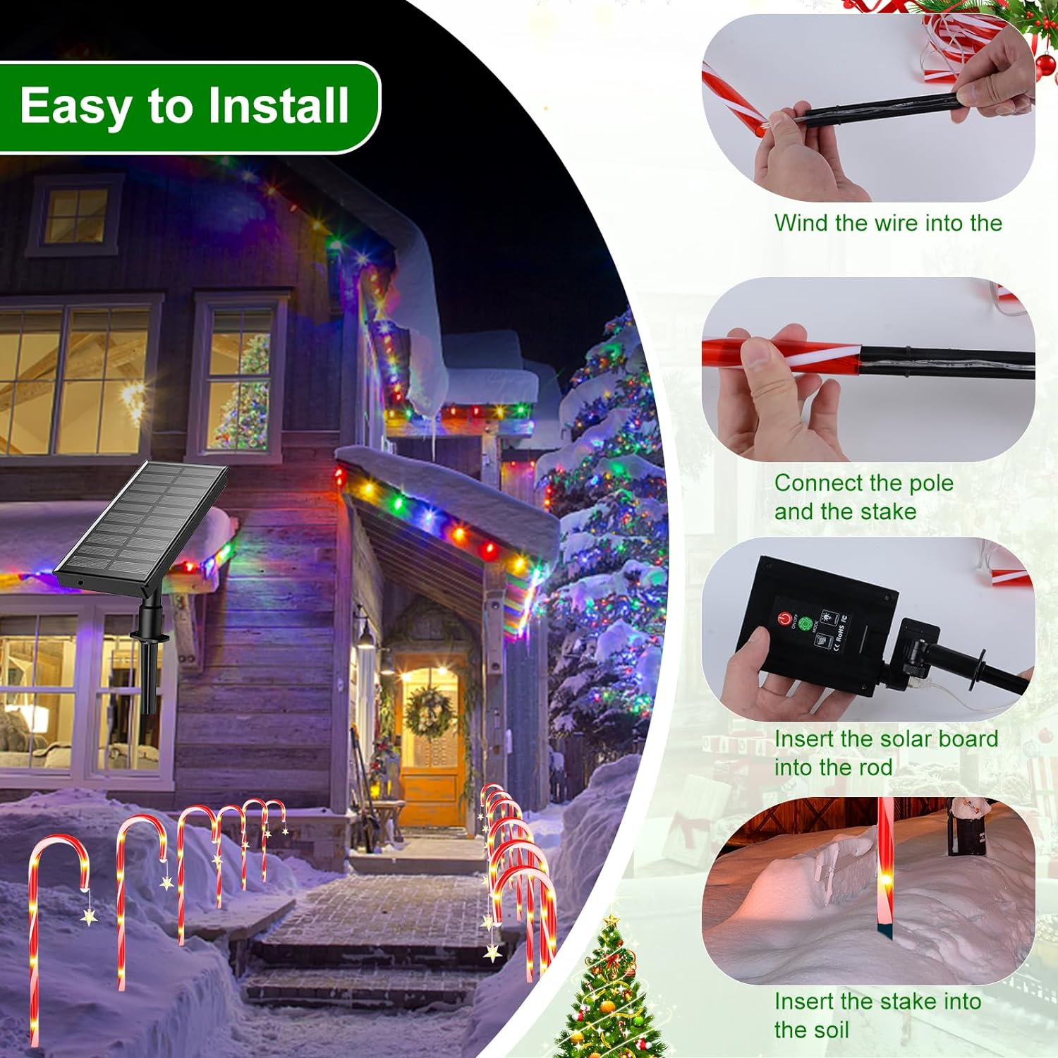 Ninonly 12 Pack Christmas Candy Cane Pathway Lights, Christmas Solar Stake Lights with 72 LED Lights, 8 Light Modes Christmas Decorations for Outdoor Patio Garden Yard Xmas Holiday