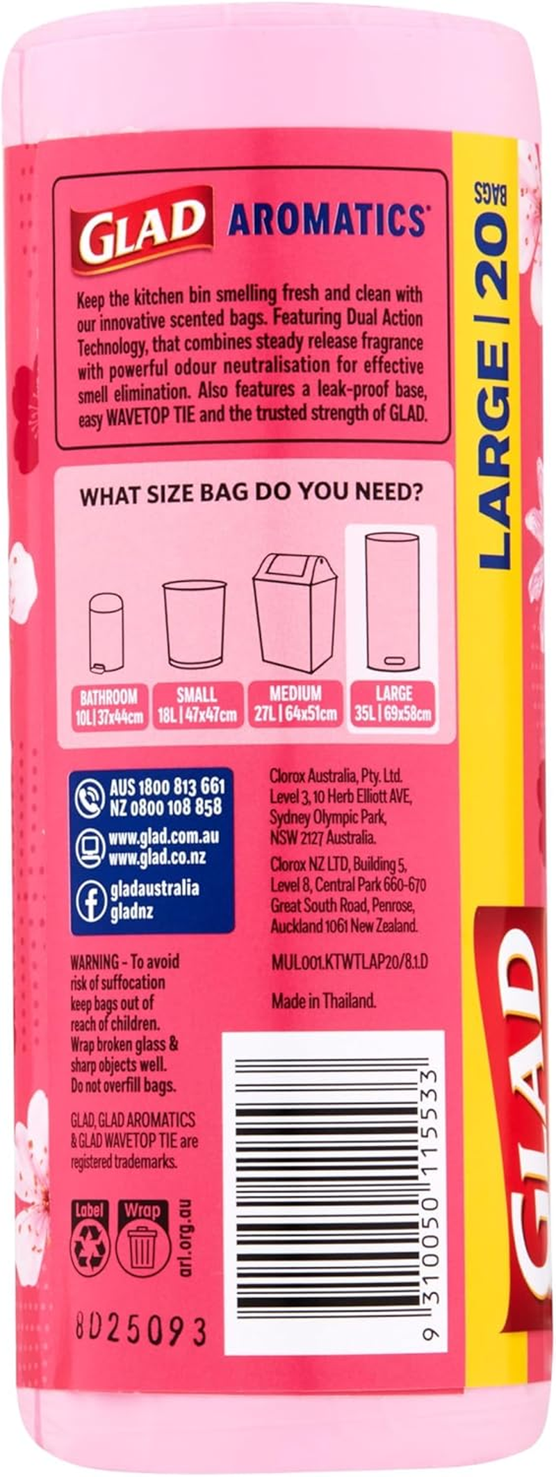 GLAD Aromatics Kitchen Tidy Bags, Cherry Blossom, Fits Large 35L Bins (Pack of 20)