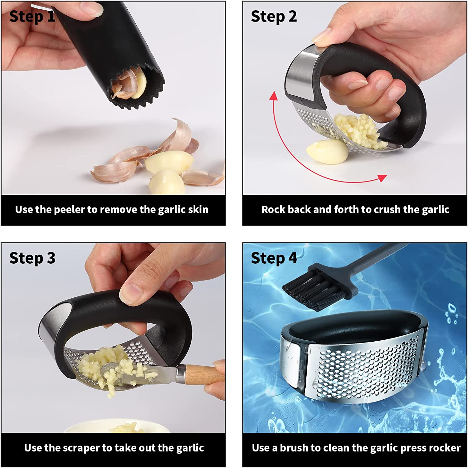 2 Pack Garlic Press Rocker, Stainless Steel Garlic Mincer with 2 Peelers, 2 Scrapers and 2 Brushes | Garlic Crusher Garlic Chopper for Smashing Garlic image number 6