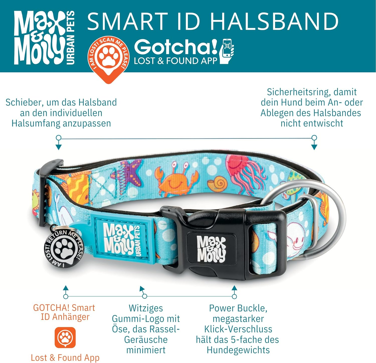 Max & Molly Smart ID Dog Collar - Blue Ocean - X-Small image number 2