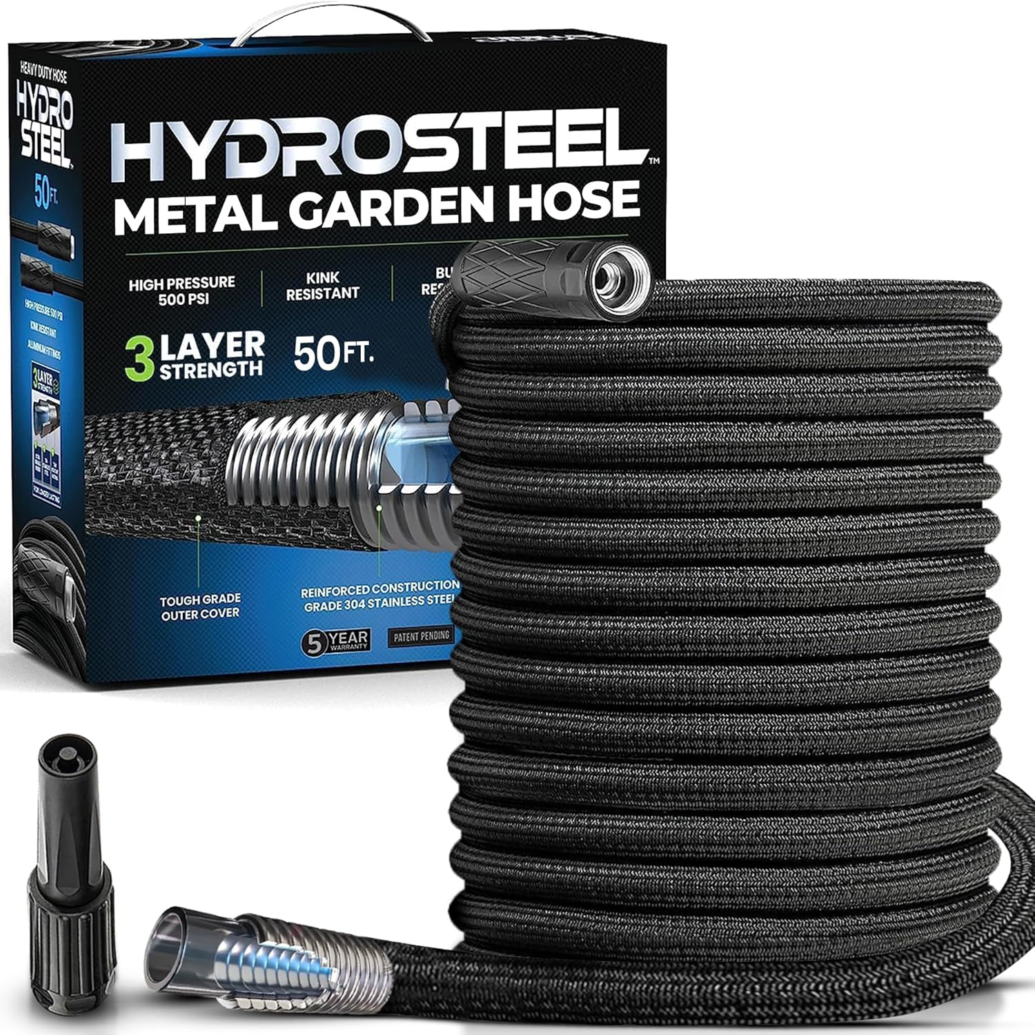 HYDROSTEEL Metal Garden Hose 100 Ft with Nozzle, Water Hose 100Ft, Heavy Duty 3X Layer Stainless Steel Flexible 100 Ft Garden Hose, Lightweight, Easy to Coil, Kink Resistant, 500 PSI as SEEN on TV