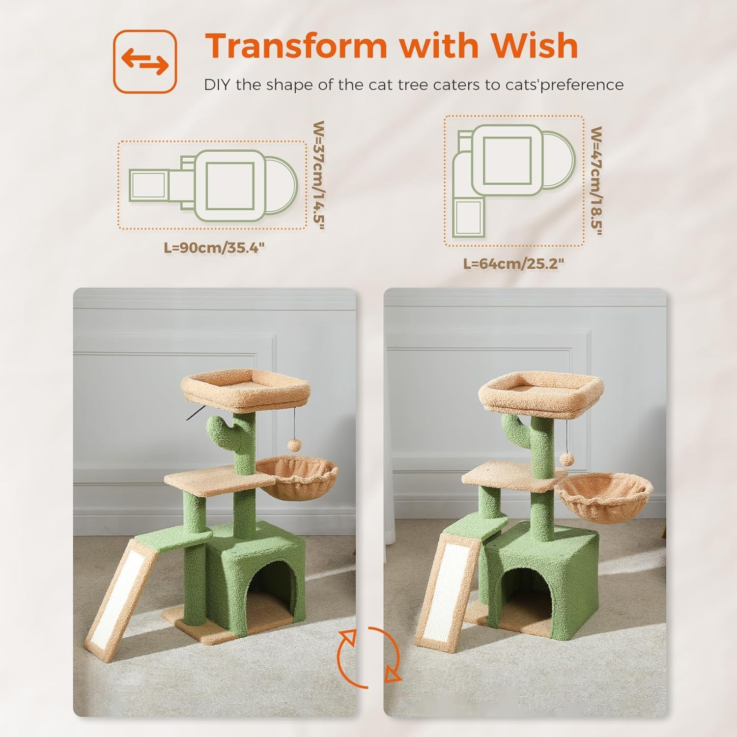 Cat Tree for Indoor Cats, Small Cat Tower with Large Cat Condo, Scratching Posts, Large Top Perch for Kittens,Cozy Hammock and Scratching Ladder for Kittens, Cactus Green image number 1