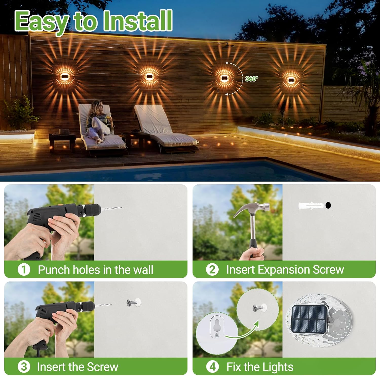 Quntis Warm White Solar Fence Lights 4Pack, 360&deg;Lighting Effect Outdoor Wall Lights, Auto On/Off IP44 Waterproof Garden Security Light for Balcony Stair Garage Road Shed Patio Yard Porch Front Door image number 1