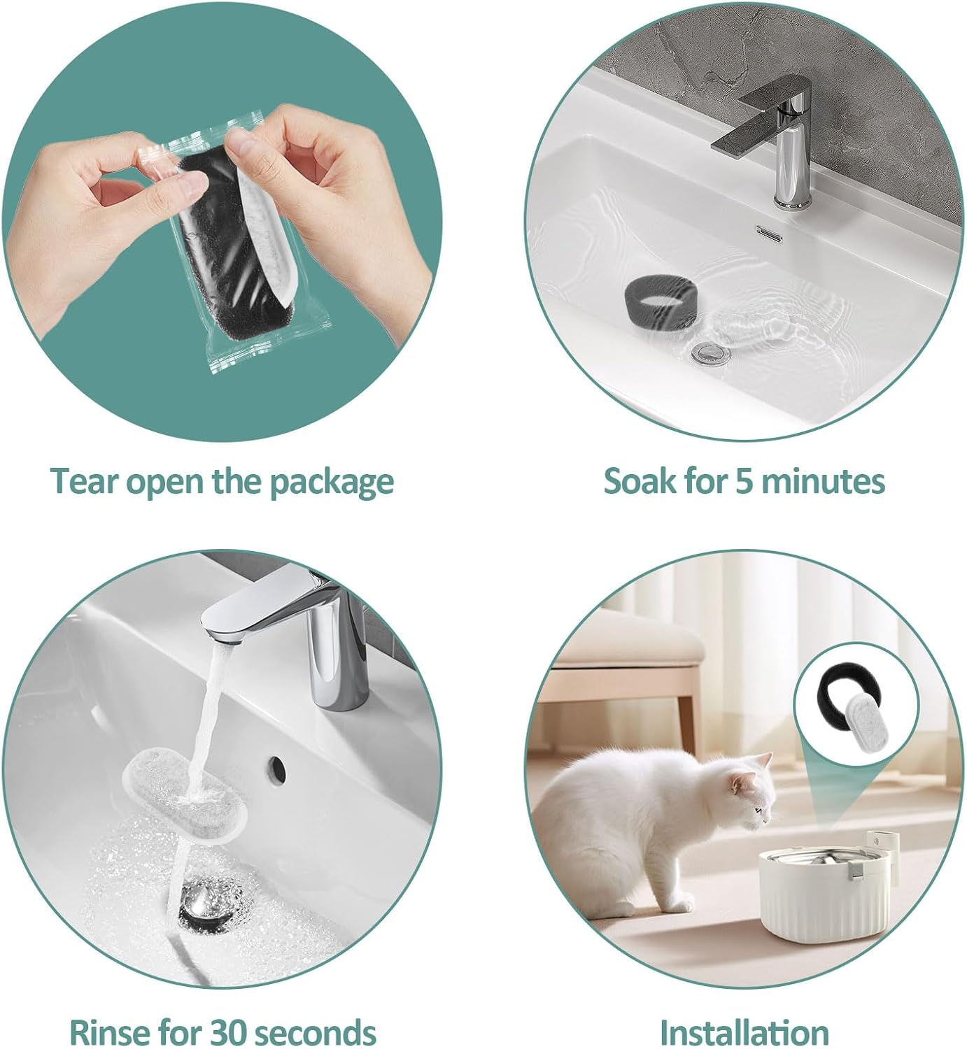 ZFLYCANP 32 Pcs Safe Cat Water Fountain Filters, Easy to Use Cat Fountain Replacement Filters with 16 Sponge for 67Oz 108Oz Stainless Steel Pet Water Dispenser image number 6