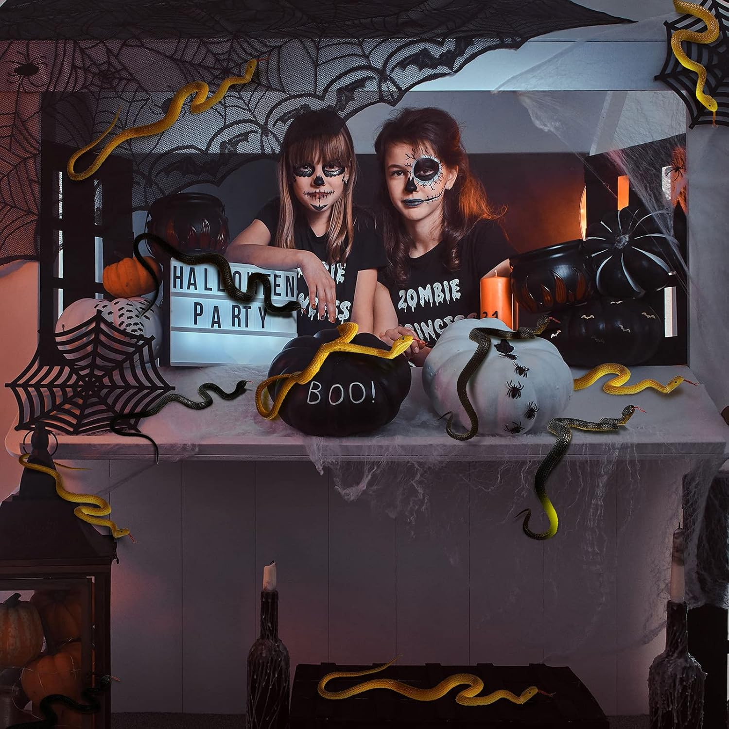 Skylety 15 Pieces Rubber Snakes Realistic Snake 17. 7 Inch Fake Plastic Snake Props for Garden Props to Keep Birds Away, Pranks, Halloween Decoration(Yellow, Black) image number 1