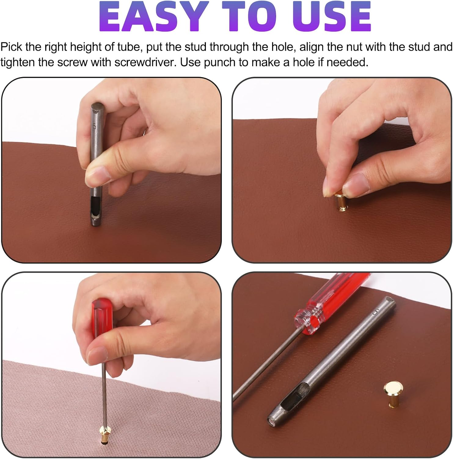 Swpeet 110 Set 6 Sizes M5 X 4Mm/5Mm/6Mm/8Mm/10Mm/12Mm Gold Leather Rivets Chicago Binding Screws with Install Tools Assortment Kit, Screw Rivets M5 Chicago Binding Screws for Repair Leather - Black image number 5