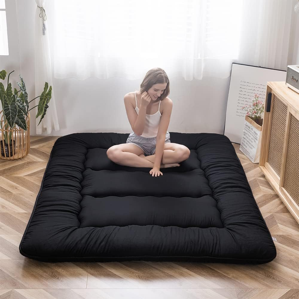 MAXYOYO Japanese Floor Mattress Futon Mattress, Thicken Tatami Mat Sleeping Pad Foldable Roll up Mattress Dormitory Mattress Pad Floor Lounger Pillow Bed (Bluestone, Double)