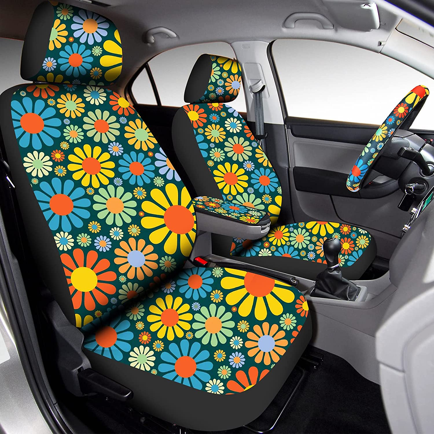 17 Pcs Hippie Flower Car Seat Cover Set Universal Car Accessories Colorful Art Floral Seat Cover Steering Wheel Cover Car Armrest Cover Cup Holder Mat Keyring Shoulder Pad Wrist Strap for Women Men image number 1
