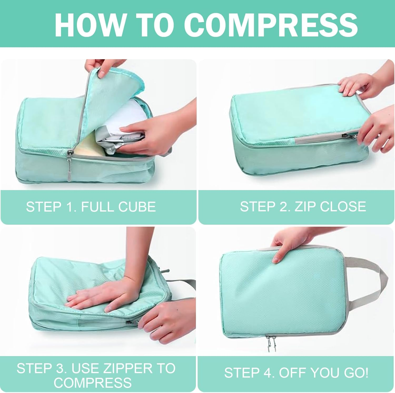 Compression Packing Cubes, 4 Set Travel Packing Cubes for Carry on Suitcases, Packing Cubes for Carry on Luggage & Travel Storage Bags for Luggage, Packing Organizers (Turquoise)