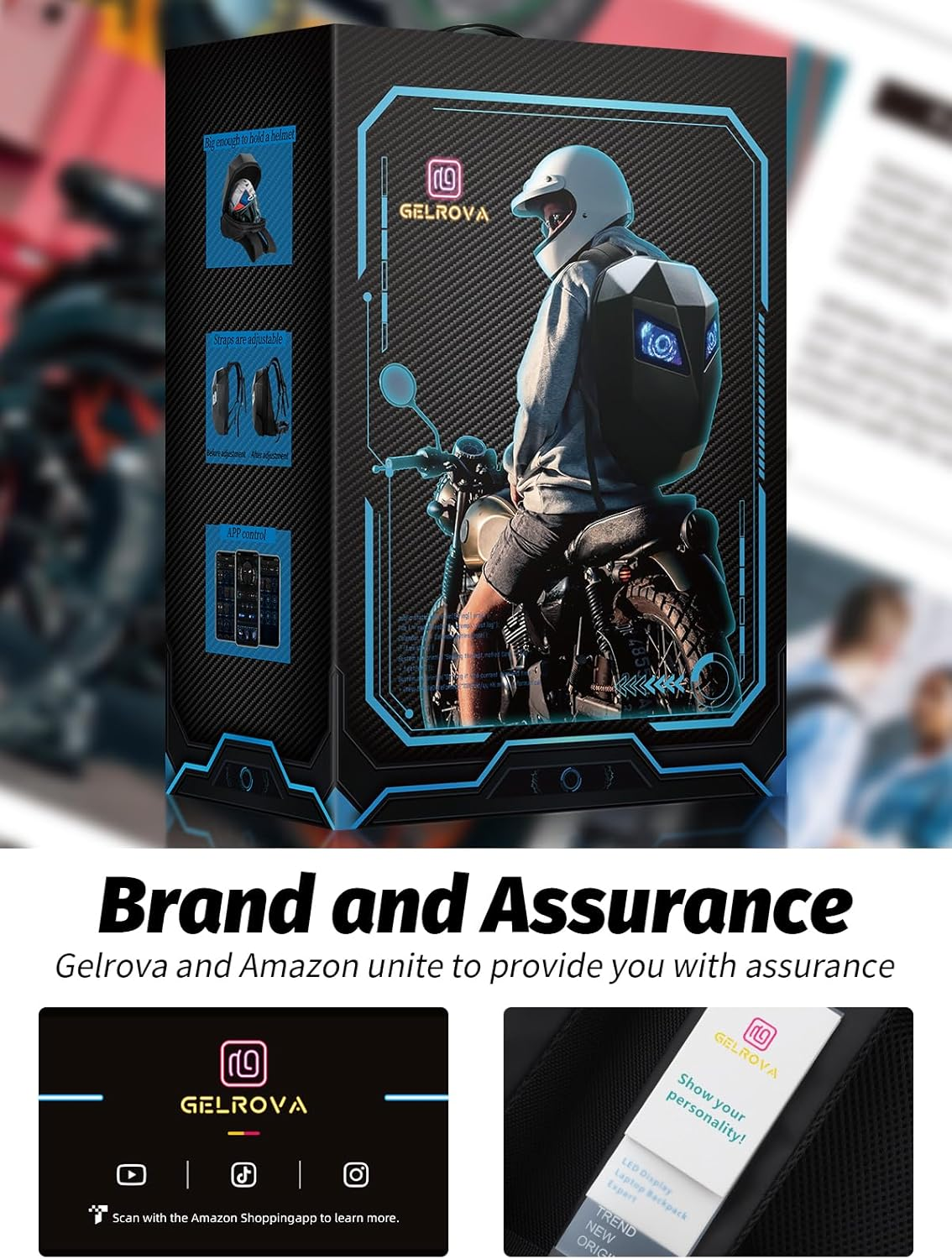 Gelrova Knight LED Motorcycle Backpack, Hard Case Riding Backpack DIY Motorbike Luggage Laptop Bag Waterproof, 19Inch