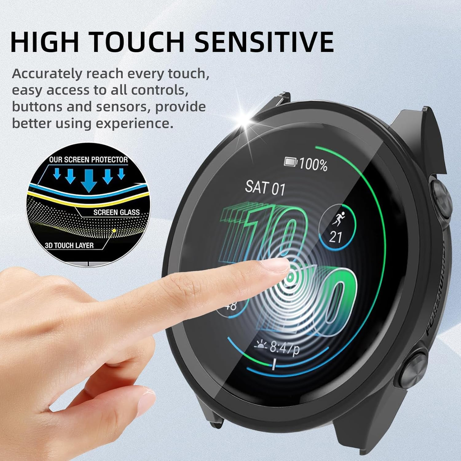 Yealred Case Compatible with Garmin Forerunner 570 42 Mm, Hard PC Case with Tempered Glass Screen Protector, Scratch-Resistant and Shock-Absorbing Protective Case for Garmin Forerunner 570 42 Mm