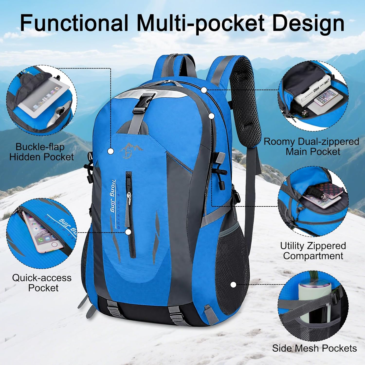 Vivva 40L Backpack for Men Women Hiking Backpacks Lightweight Camping Backpacking Water Resistant Casual Daypacks Outdoor Multi Pockets Rucksack Trekking Travel Bag with Rain Cover image number 4