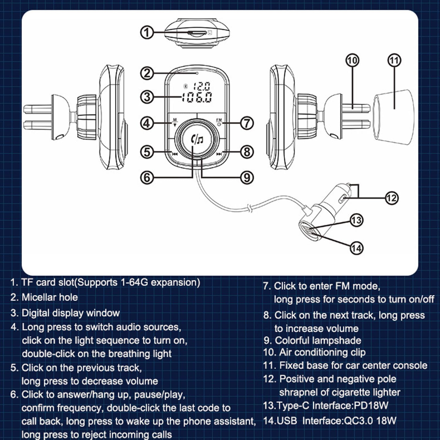FM Transmitter, Bluetooth FM Transmitter Wireless Radio Adapter Car Kit with Lossless Sound Quality Colorful Ambient Light Player image number 6