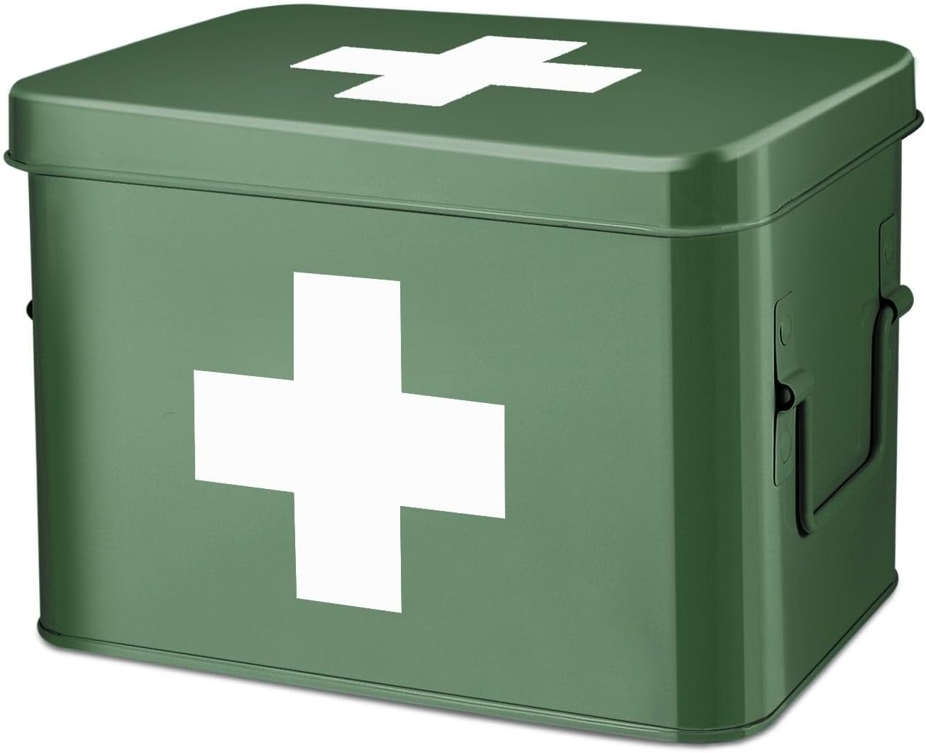 Flexzion First Aid Box Organizer Empty 13" White Vintage First Aid Kit Tin Metal Medical Box - First Aid Storage Box Container Bins with Dividers, Removable Tray and Red Cross Logo